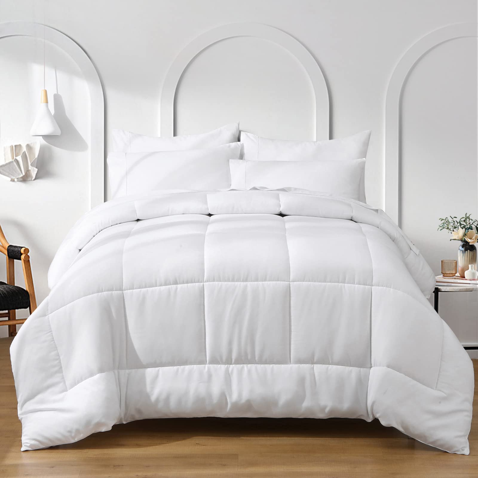 7-Piece Full Size Bed in a Bag Bedding Set - Lightweight White Down Alternative Comforter Set with Pillowcases & Sheets | Ultra Soft All Season Bedding for Master Bedroom, Guest Room & Dorm