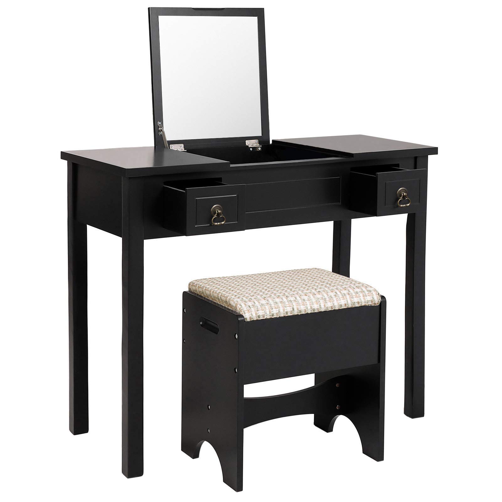 VASAGLE Black Vanity Set with Flip Top Mirror, Makeup Dressing Table & Writing Desk - 2 Drawers, Cushioned Stool & 3 Removable Organizers - Easy Assembly for Bedroom, Dorm, Apartment Makeup Station