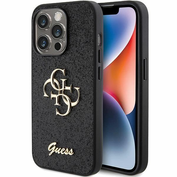 Guess Glitter Script Big 4G Phone Case for iPhone 15 Pro Max 6.7 Inch - Sparkly Black Protective Cover (GUHCP15XHG4SGK) | Perfect for Everyday Use, Parties & Gift Giving