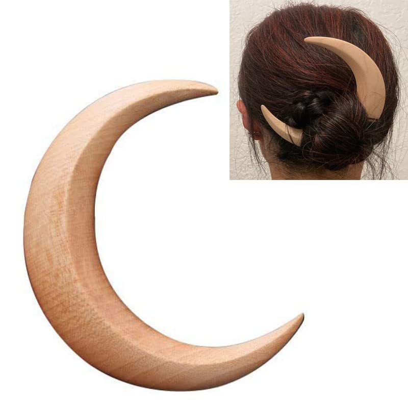 Hand Carved Wooden Crescent Moon Hair Fork for Women - Lightweight Moon Hair Stick Barrette, Natural Hair Styling Accessories for Long Hair (Small, Wood) - Perfect for Boho, Wedding & Everyday Hairstyles