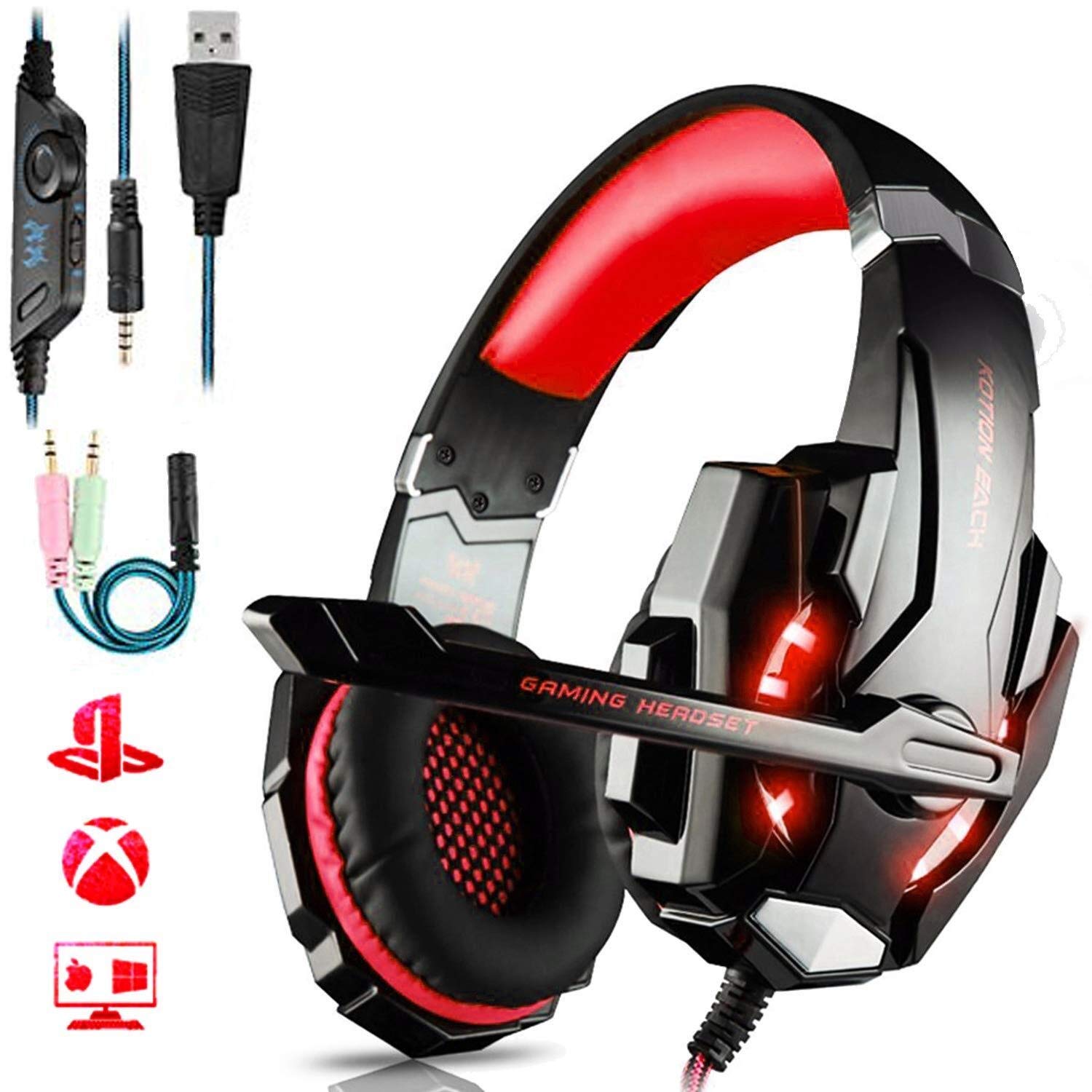 Eummit Qwee Gaming Headset for PS4, Xbox One & Nintendo Switch - Stereo Surround Sound with Noise Cancelling Mic, 3.5mm Jack & LED Lights - Perfect for Competitive Gaming, Streaming & Late-Night Sessions