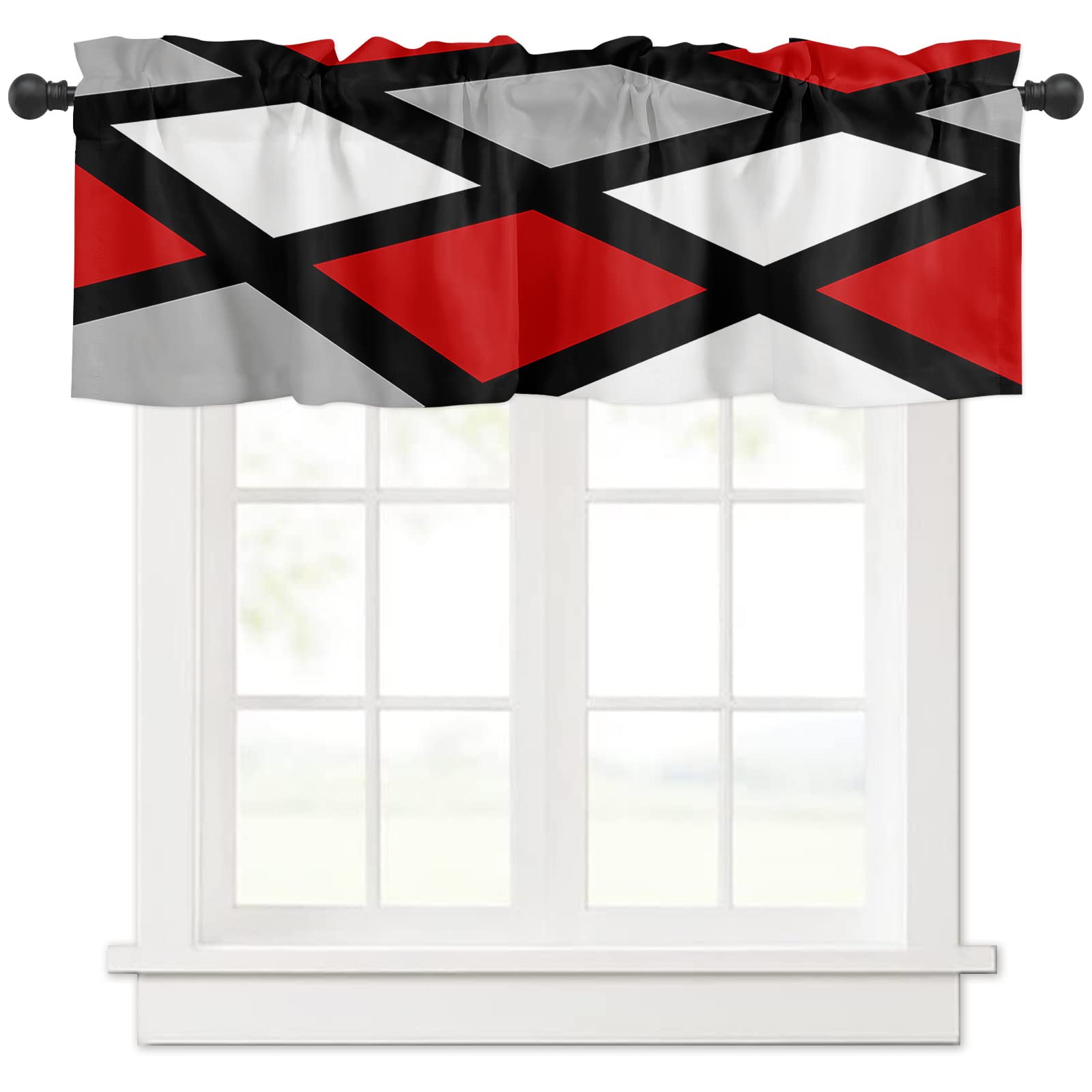 Red & Grey Window Valances - Modern White Geometric Abstract Art Black Lace Plaid Short Curtains with Rod Pocket (54x18 inches) - Perfect for Kitchen & Living Room Window Treatments