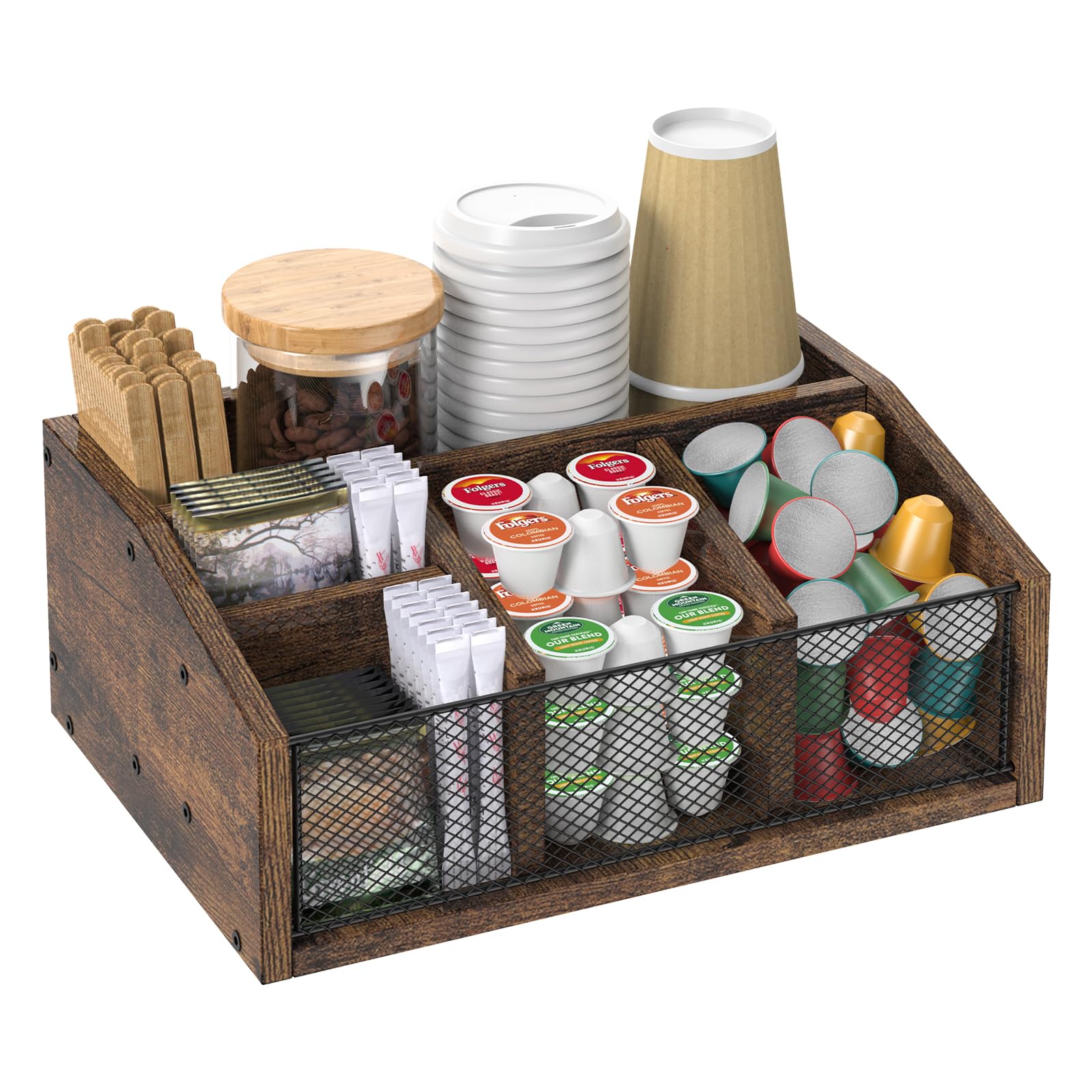 Wooden Coffee Bar Station Organizer - Rustic Tea & Condiment Holder with Cup Storage | Perfect for Kitchen Countertops, Coffee Shops & Home Bars