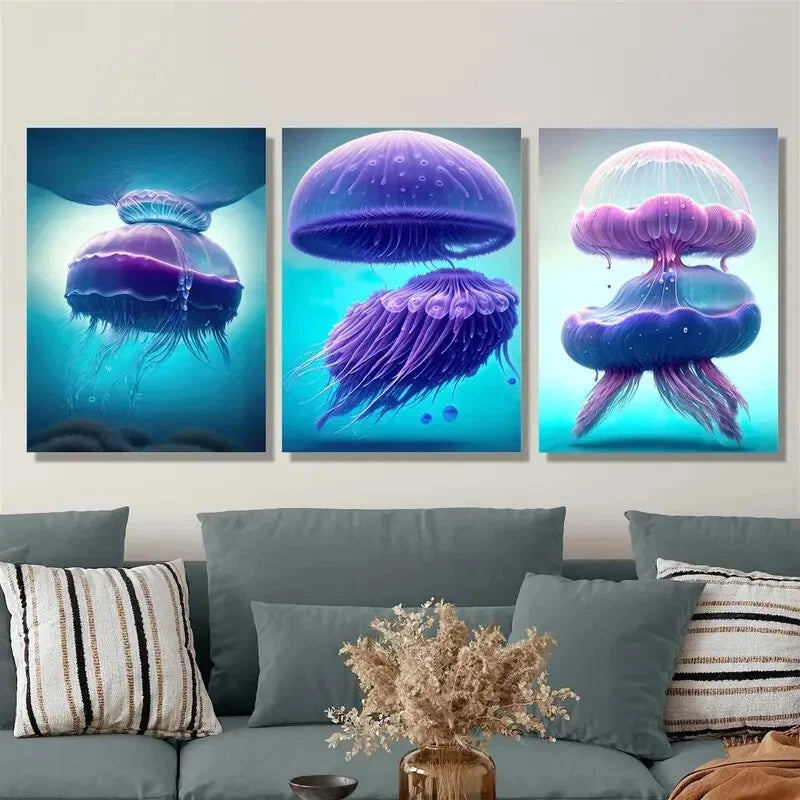 3pcs Marine Life Decorative Paintings - Metal Print Wall Art Ready to Hang | Ocean Theme Home Decor for Living Room, Bedroom & Office
