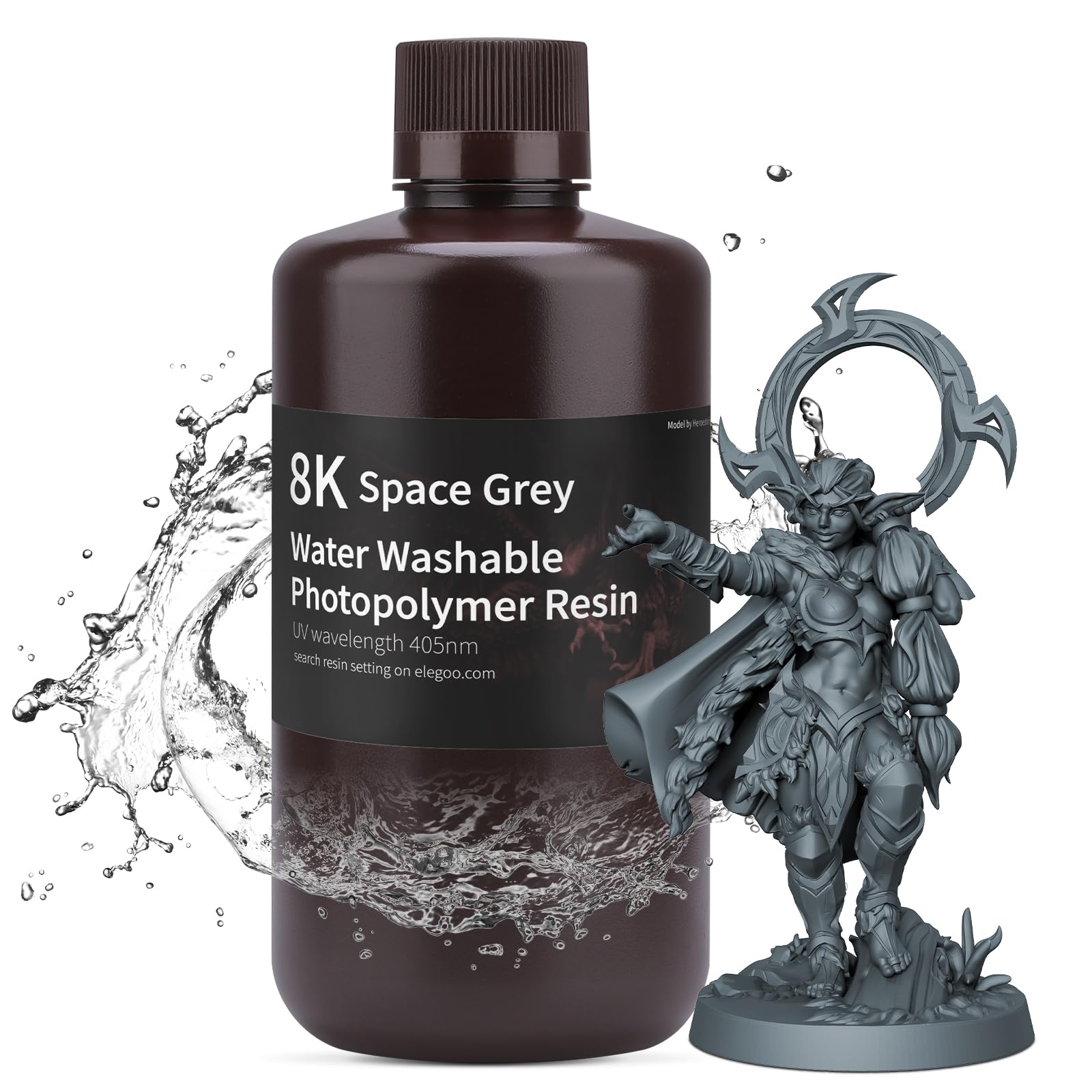 ELEGOO 8K Water Washable Resin - High Precision 405nm UV Curing Photopolymer for LCD/MSLA/DLP 3D Printers | 1000G Space Grey | Ideal for Miniatures, Jewelry & Detailed Prototypes
