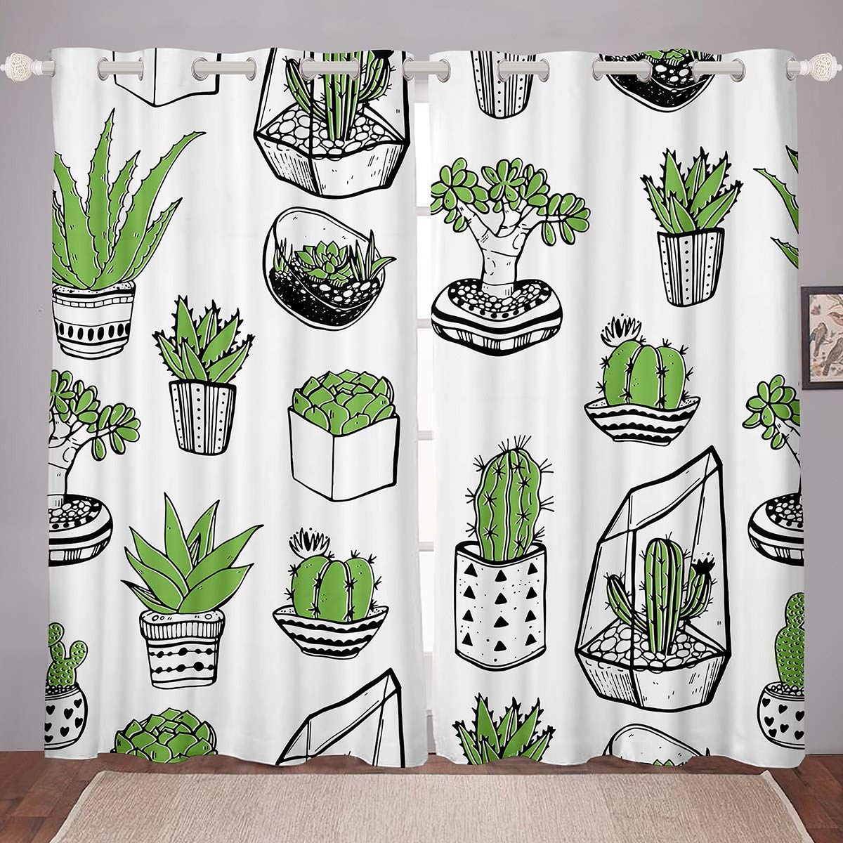 Feelyou Cactus Printed Window Curtains - Boho Succulent Drapes with Green Botanical Pattern, 84x104 Inch Grommet Top Panels for Living Room & Bedroom Decor | Kids Room Chic Potted Plants Design