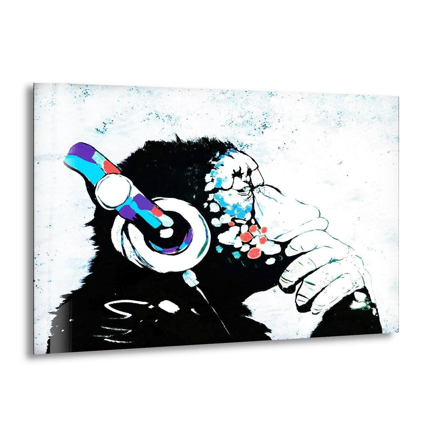 Banksy DJ Monkey Glass Wall Art - Modern Home Decor for Living Room, Bedroom & Office - Unique Street Art Gift for Music Lovers