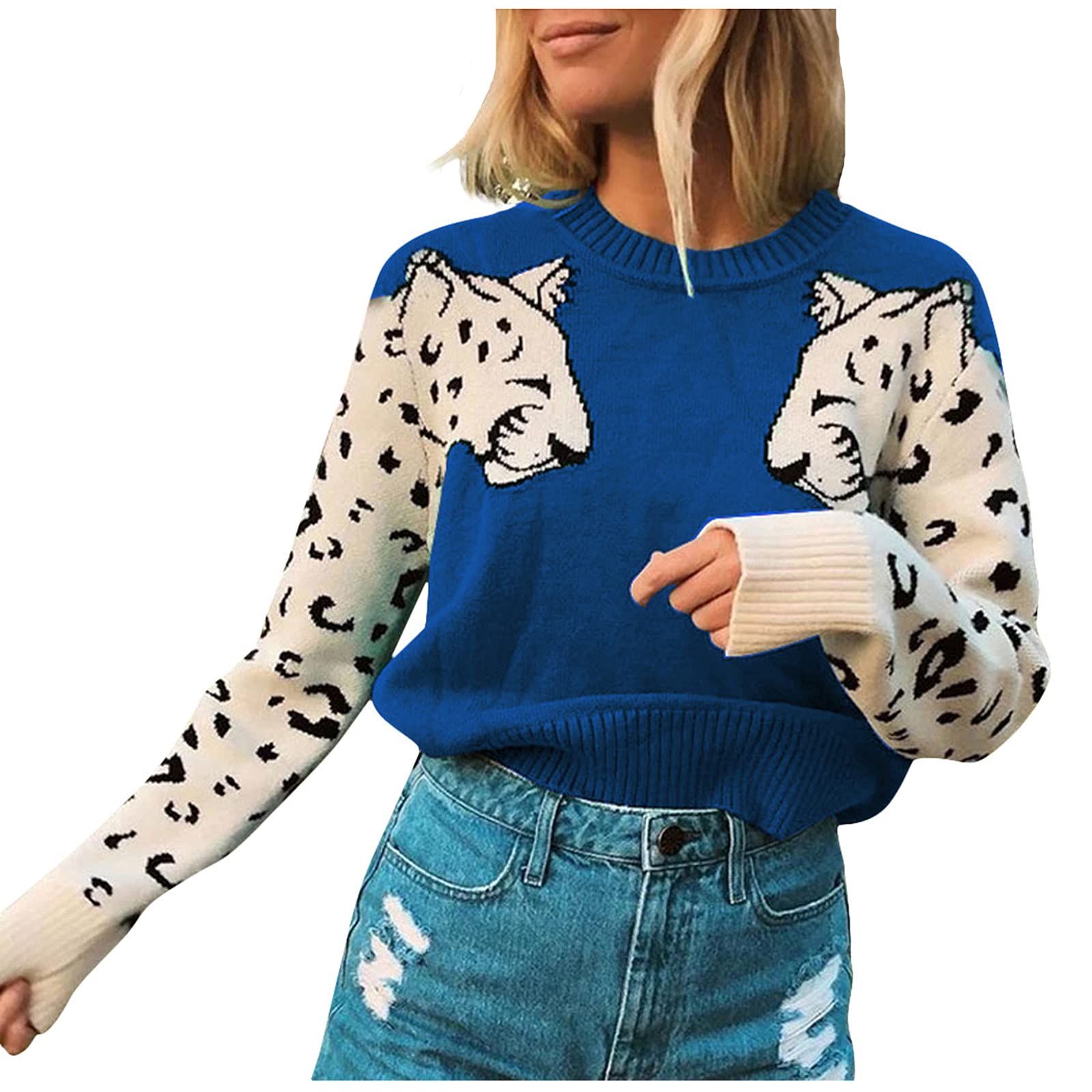 Women's Leopard Print Cropped Crewneck Sweater - Casual Long Sleeve Knit Pullover Top for Fall & Winter | Cozy Office Wear, Date Night Outfits, Weekend Casual Style