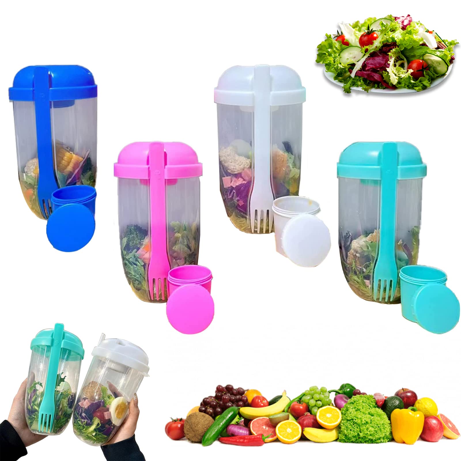 Fresh Salad Container for Lunch - Portable Fruit & Veggie Cup with Fork & Dressing Holder (4PCS) - Perfect for Office, Picnic & Healthy On-the-Go Meals