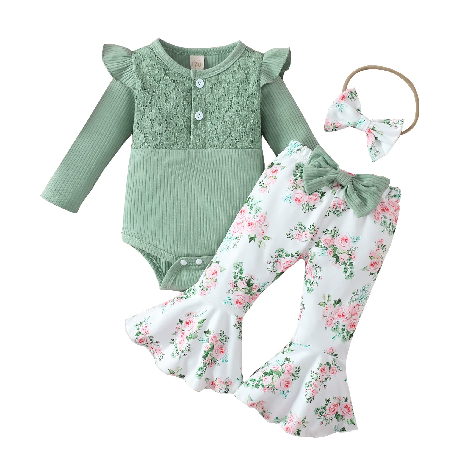 Newborn Baby Girl Outfit - Long Sleeve Ruffle Romper & Floral Bell Bottom Pants Set | Perfect for Photoshoots, Birthday Parties & Special Occasions
