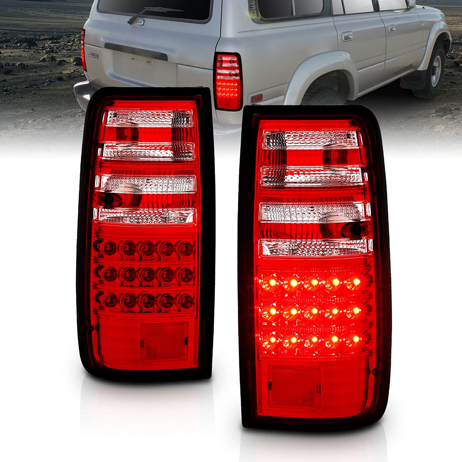 AmeriLite Red/Clear LED Tail Lights for Toyota Land Cruiser - Left & Right Side Pair - Durable, Bright & Waterproof - Perfect for Off-Roading, Night Driving & Vehicle Customization