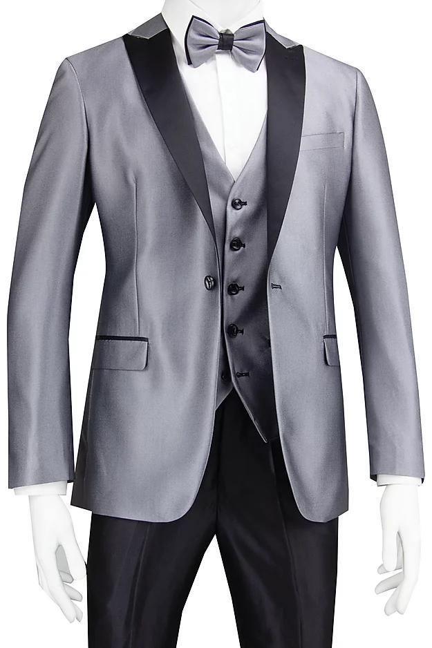 Elegant Silver Tuxedo Slim Fit Suit with Black Peak Lapel & Matching Pants | Formal Wedding, Prom, Black Tie Event Outfit for Men