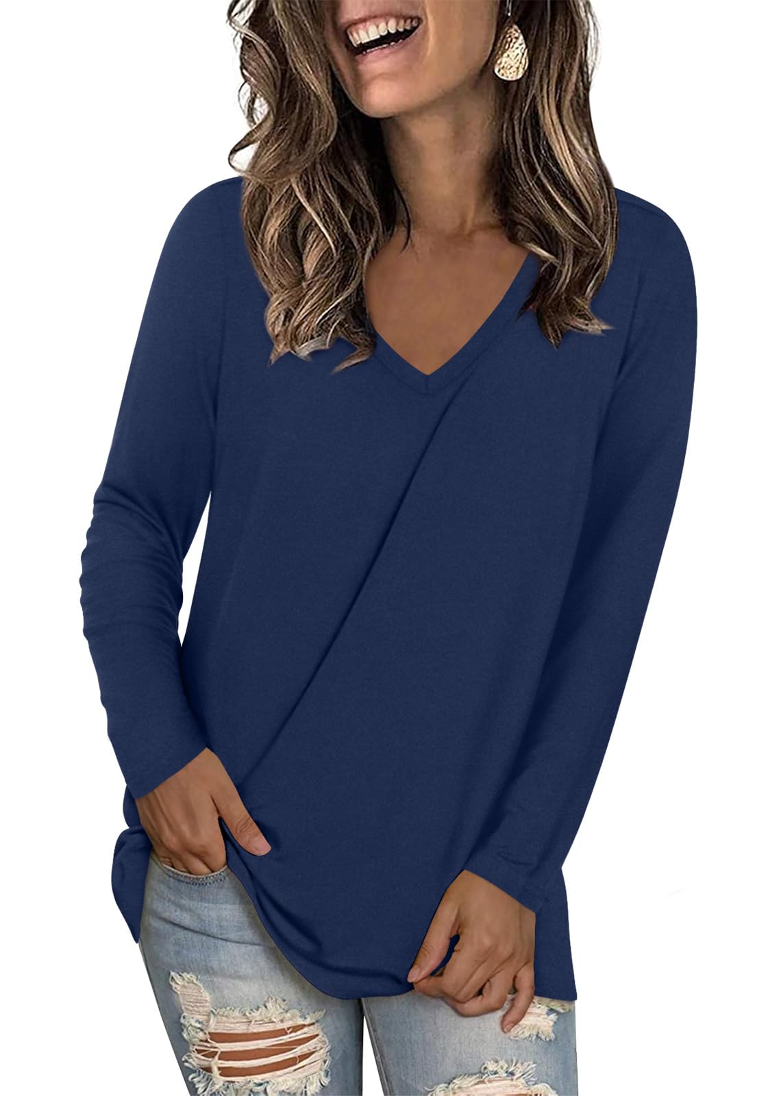 LONGYUAN Women's Long Sleeve V-Neck Tunic Tops - Casual Loose Blouse for Everyday Wear | Trendy 2025 Fashion | Perfect for Office, Dating & Weekend Outfits