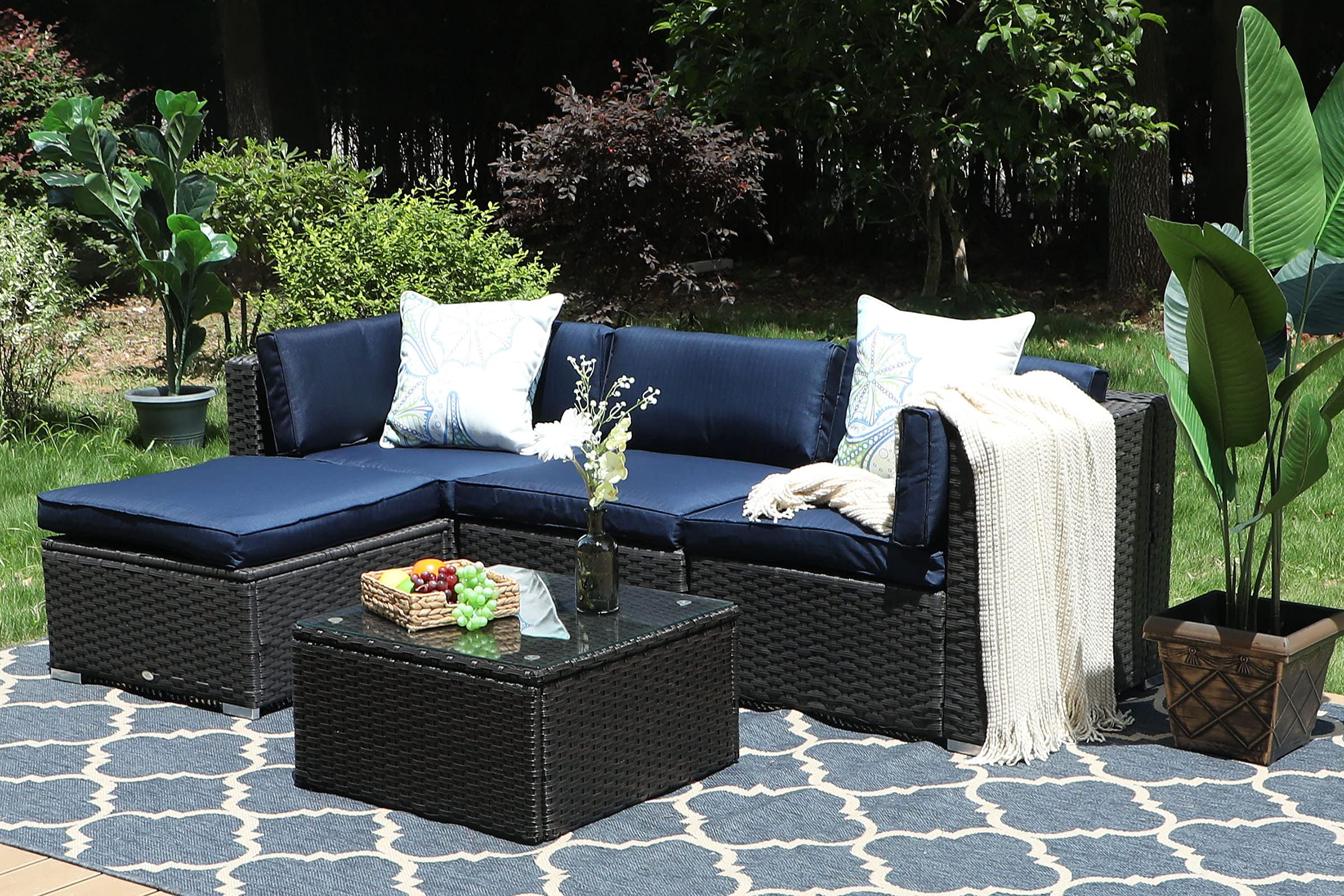 MAISON ARTS 5-Piece Outdoor Patio Sectional Sofa Set - All-Weather Wicker Rattan Furniture with Washable Cushions & Tempered Glass Table - Perfect for Backyard, Deck, Garden, and Poolside Relaxation