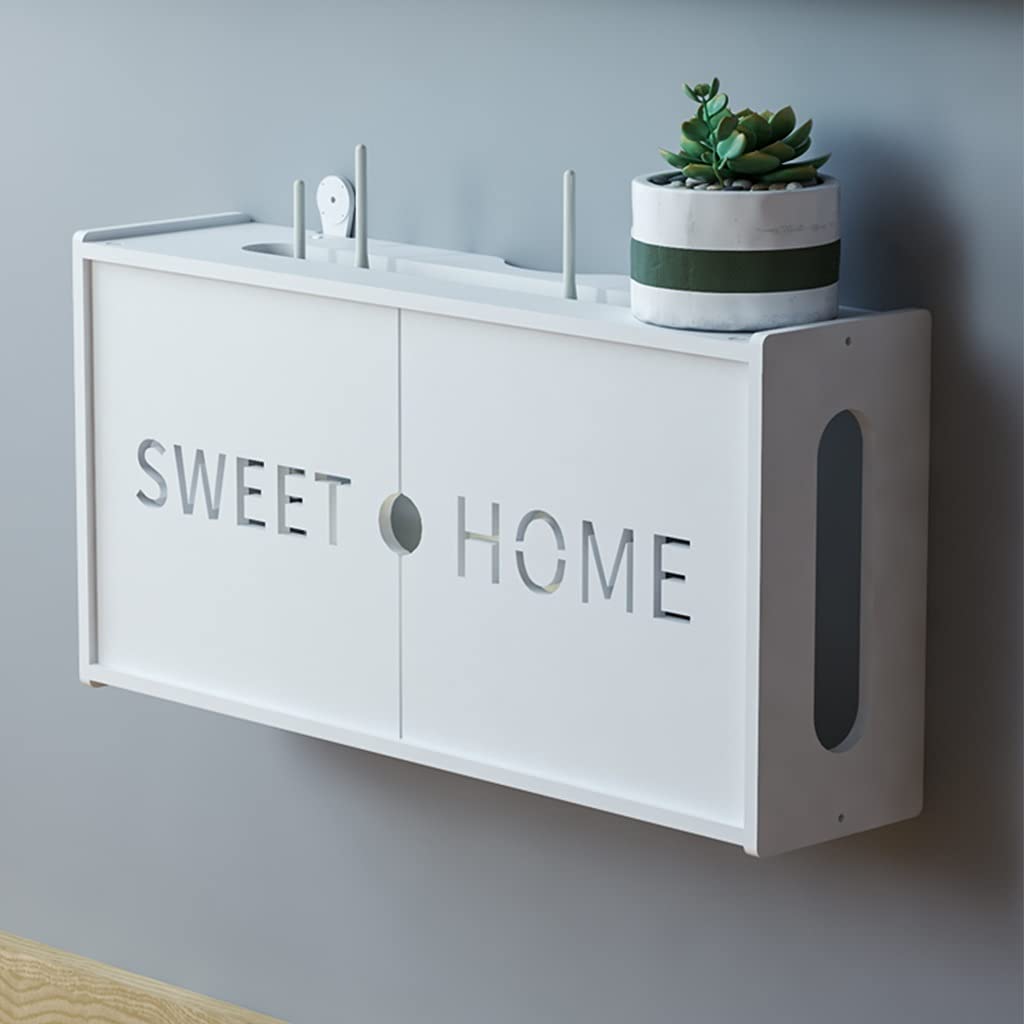 SUNDAY HOME White Wood Floating TV Stand - Wall Mounted Entertainment Center with No Punching Installation, Hanging Projector Bracket & Router Storage Organizer Box (Small Size) - Perfect for Living Room, Bedroom & Home Theater Setup