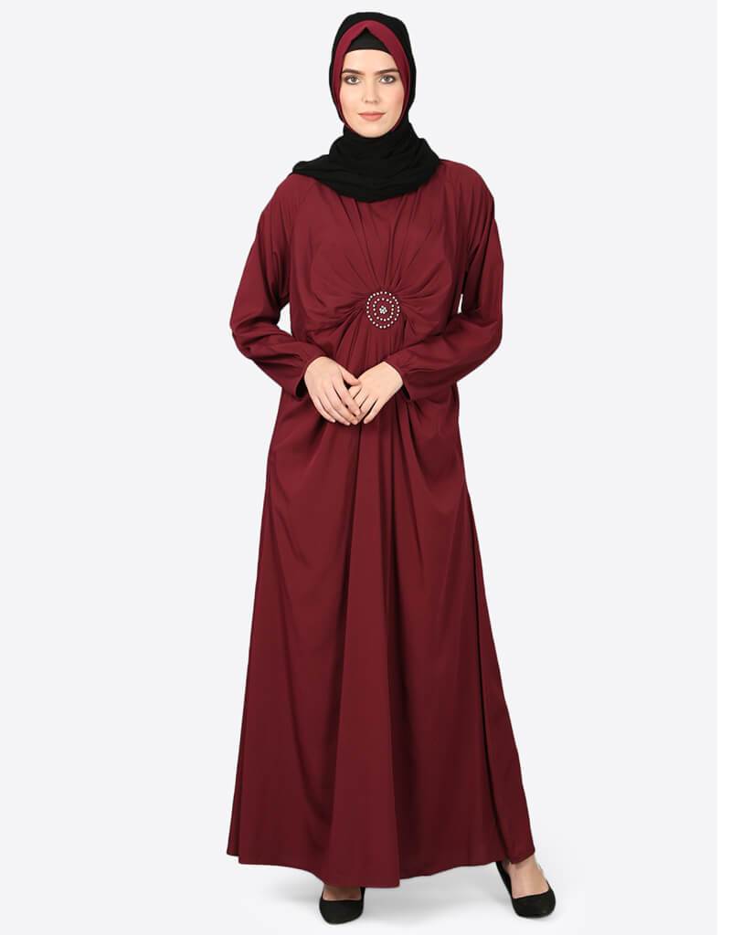 Elegant Arabic Circle Pleated Abaya in Maroon - Modest Islamic Dress for Women - Perfect for Prayer, Eid, and Special Occasions