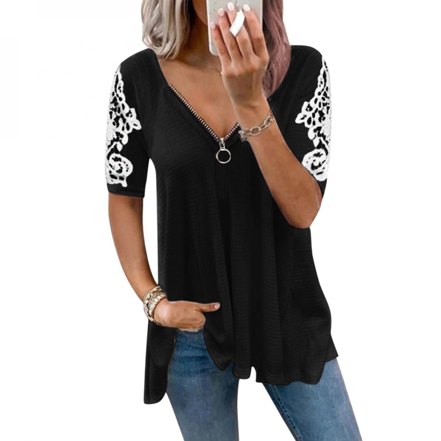 Oversized Lace Short Sleeve V-Neck Tunic Top for Women - Plus Size Printed Blouse with Zipper Detail | Sexy Casual Wear for Going Out, Date Night & Summer Outfits