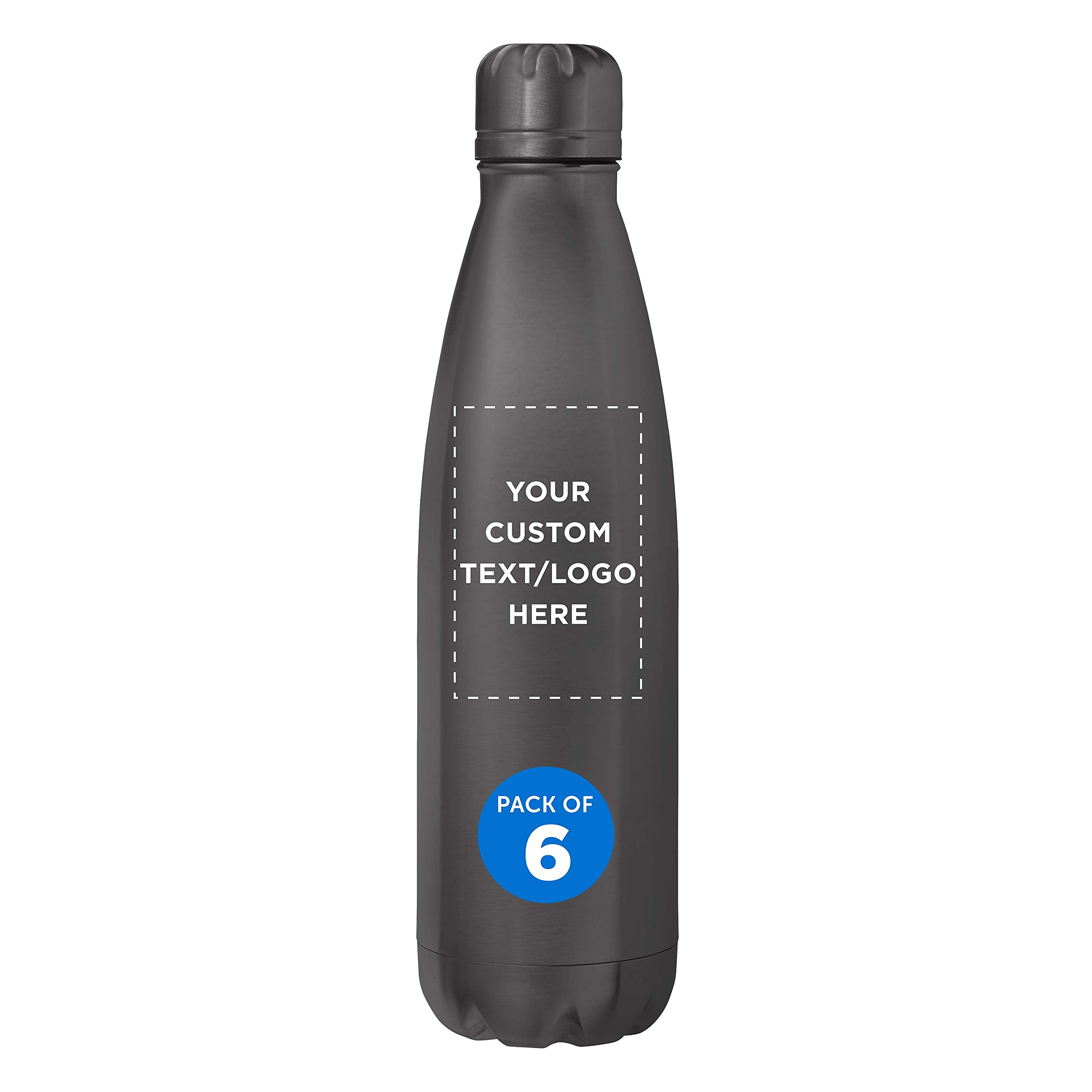 6 Pack Cosmo Cola Shaped Water Bottles 25oz - Custom Text & Logo - Spill Proof Double Wall Insulated BPA Free - Grey - Perfect for Gym, Office, Travel & Outdoor Activities