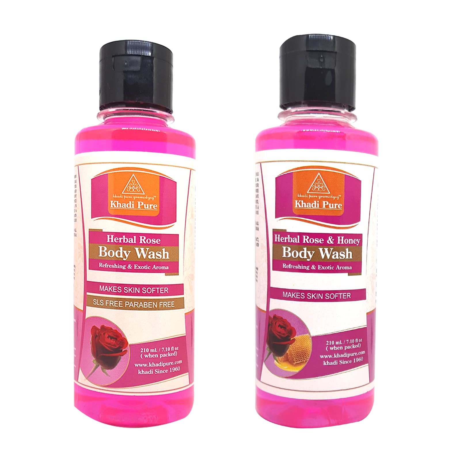 Khadi Pure Rose SLS & Rose Honey Body Wash - 210ml (Pack of 2) | Natural Moisturizing Body Cleanser for Dry & Sensitive Skin | Perfect for Daily Shower & Spa Relaxation at Home