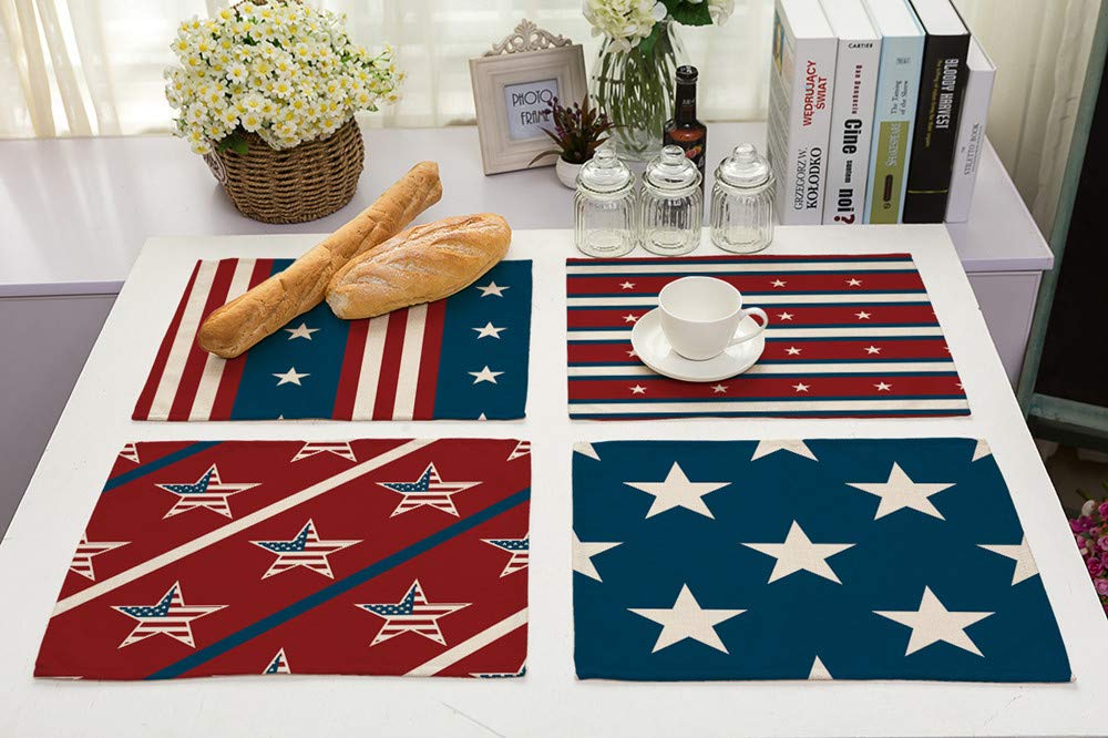 USA Flag Placemats Set of 4 - Patriotic American Flag Table Mats for July 4th, Memorial Day & Veterans Day - Durable Dining Table Linens for Kitchen, BBQ, Picnic & Holiday Decorations