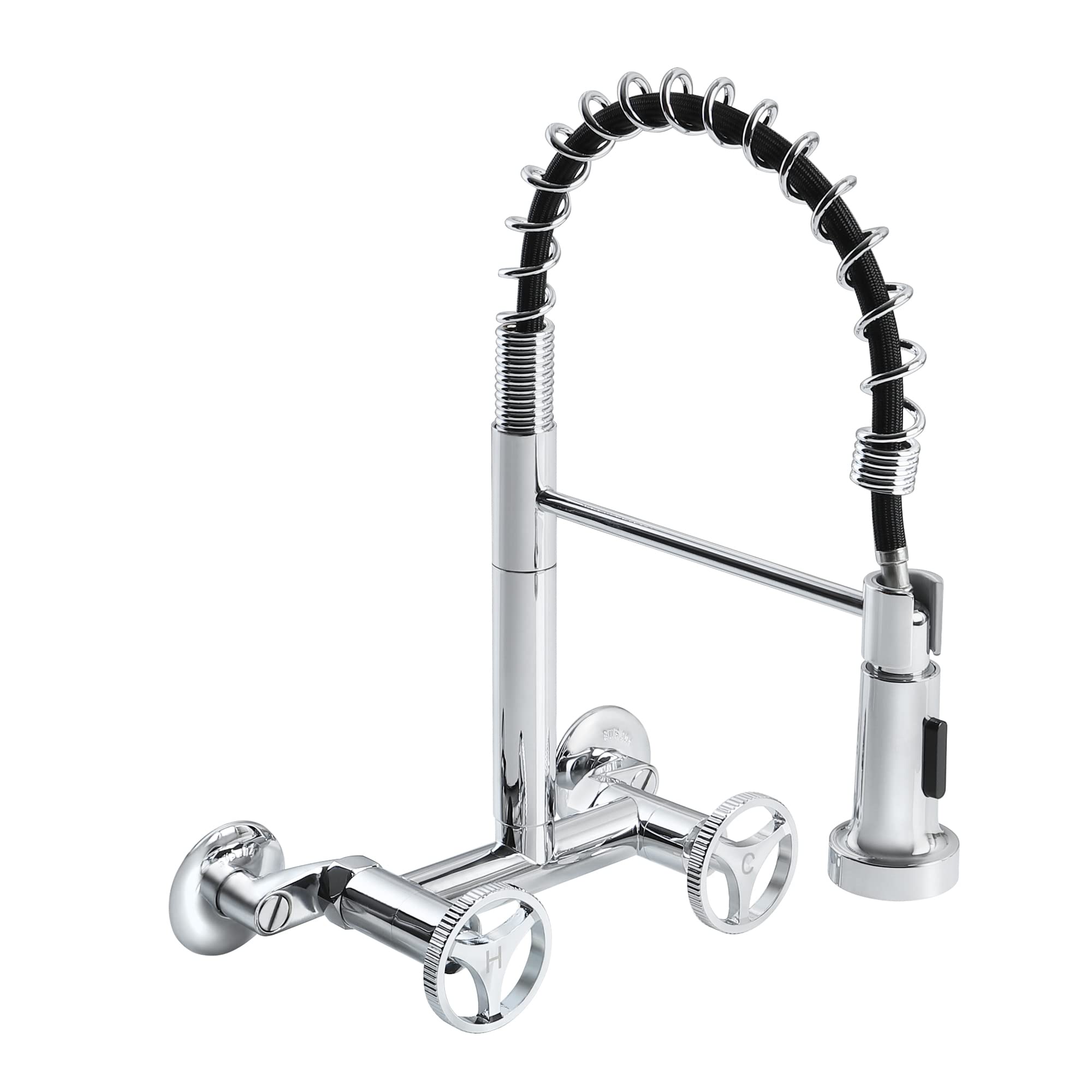 8 Inch Wall Mount Commercial Kitchen Faucet with Pull Down Sprayer - 360° Swivel Polished Chrome Sink Faucet for Restaurant, Food Truck & Home Kitchen Use