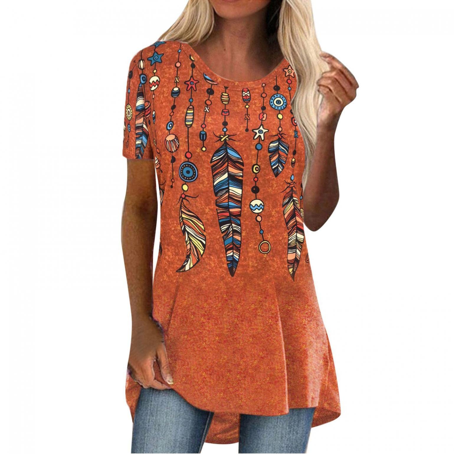 Trendy Women's Casual Short Sleeve Boho Floral Print T-Shirt & Tunic Top - Loose Fit O-Neck Summer Blouse for 2022 | Perfect for Beach Outings, Music Festivals & Boho-Chic Everyday Wear
