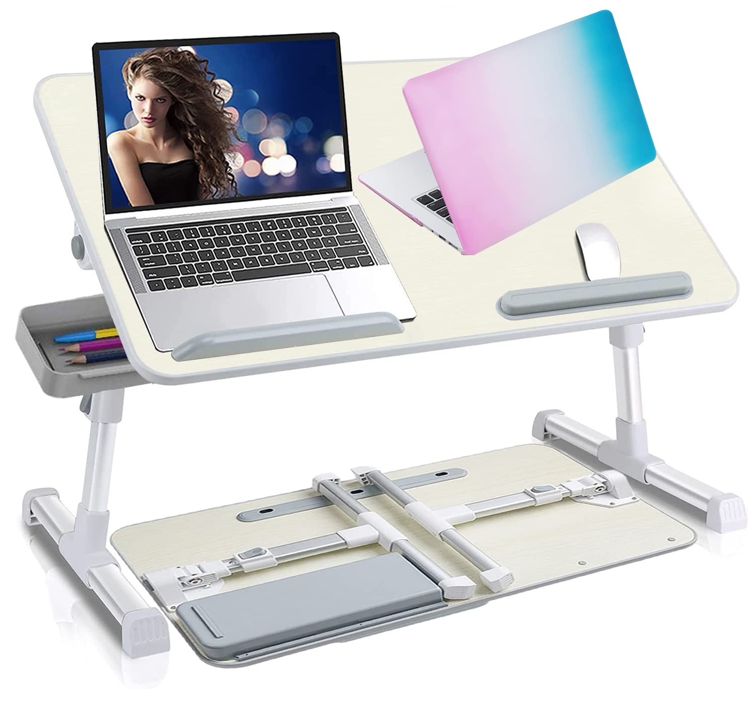Foldable Laptop Desk for Bed with Storage Drawer - Adjustable Standing Bed Tray Table for Working, Writing, Drawing - Extra Large Portable Lap Desk with Stopper (Perfect for Home Office, Dorm Room & Bedside Use)