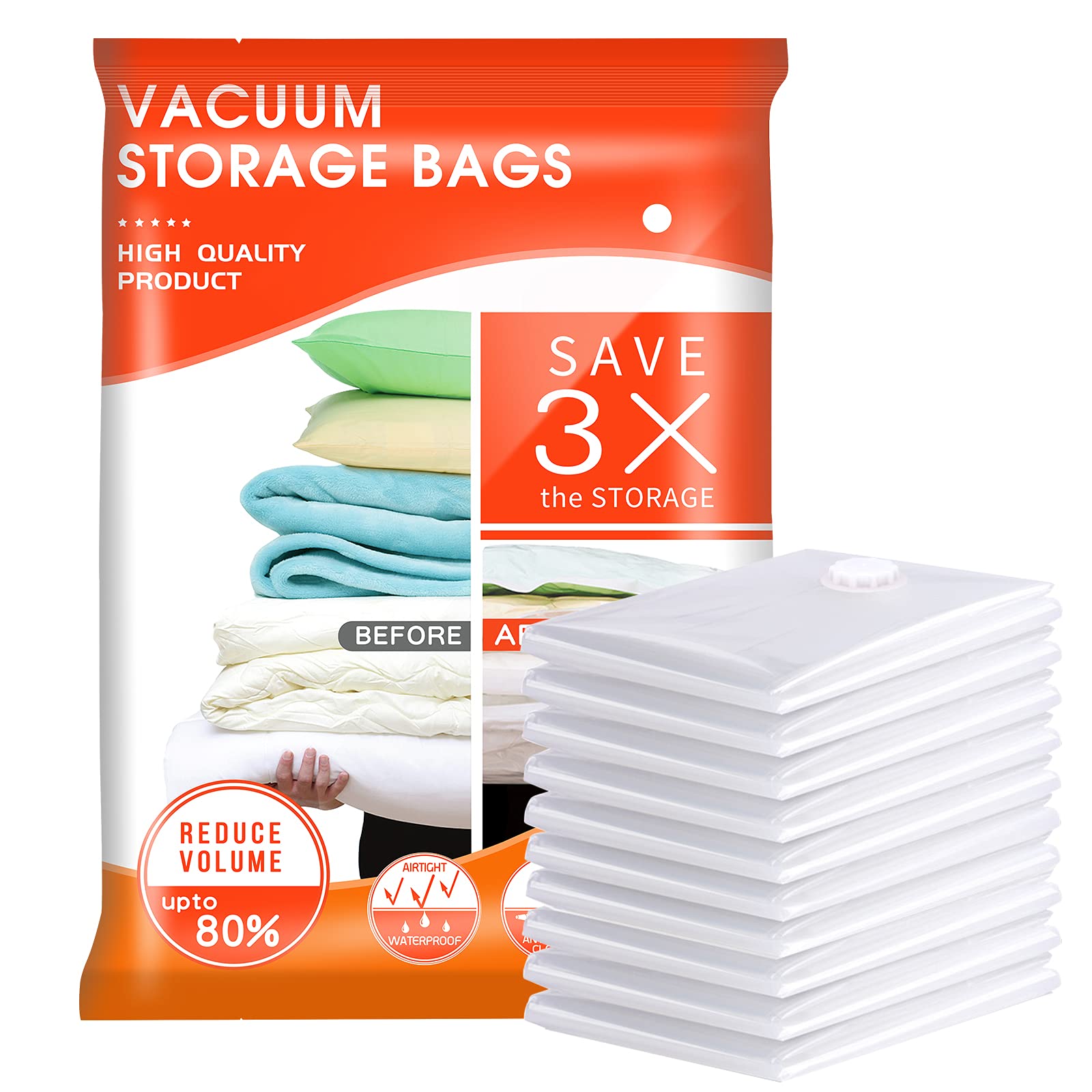 Vacuum Storage Bags 10-Pack (10 X-Large) - Space Saving Compression Bags for Bedding, Comforters, Pillows & Clothes | 80% More Storage | Ideal for Home Organization, Moving & Seasonal Storage