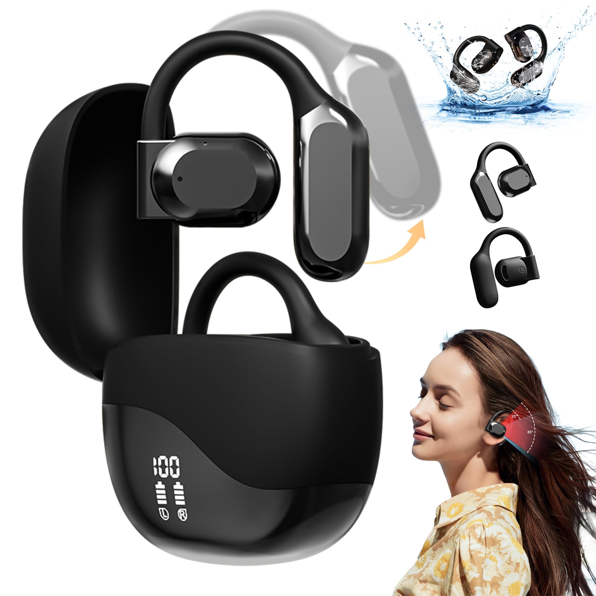 Open Ear Wireless Bluetooth Headphones with Ear Hooks & LED Display - Ultra Clear Sound for Running, Fitness & Outdoor Sports - Sweatproof Sports Earbuds for Gym, Cycling & Workout (Black)