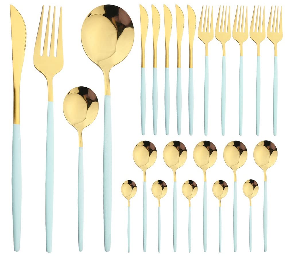 24-Piece Stainless Steel Silverware Flatware Set - Mint Gold Cutlery Set with Knife, Fork & Spoon for Dining, Kitchen, Wedding & Special Occasions | Durable Dinnerware for Everyday Use & Entertaining