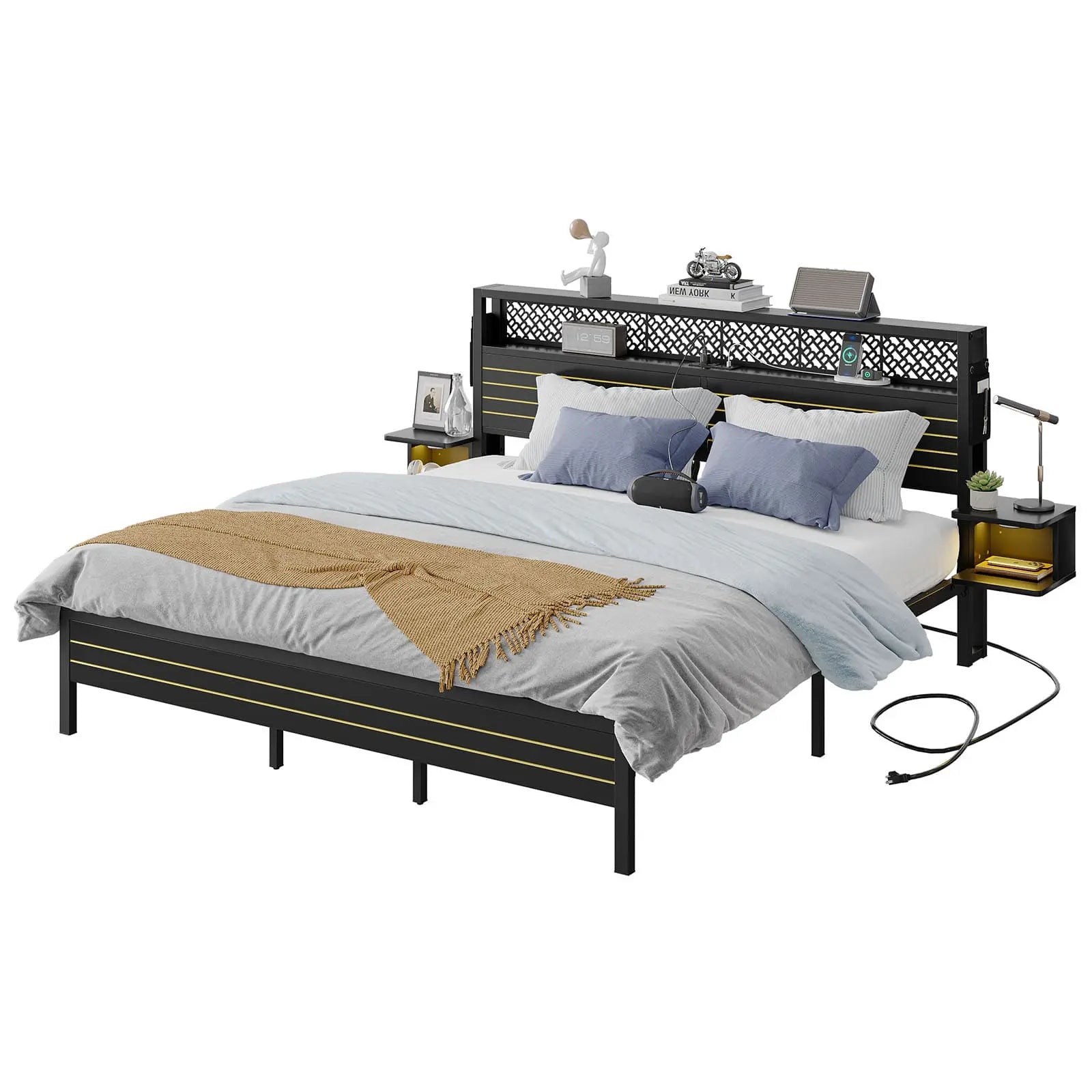 Bestier King Size Bed Frame with Horizontal Golden Stripe Storage Headboard - Modern Platform Bed with Underbed Storage Space - Perfect for Master Bedroom, Guest Room & Small Space Living