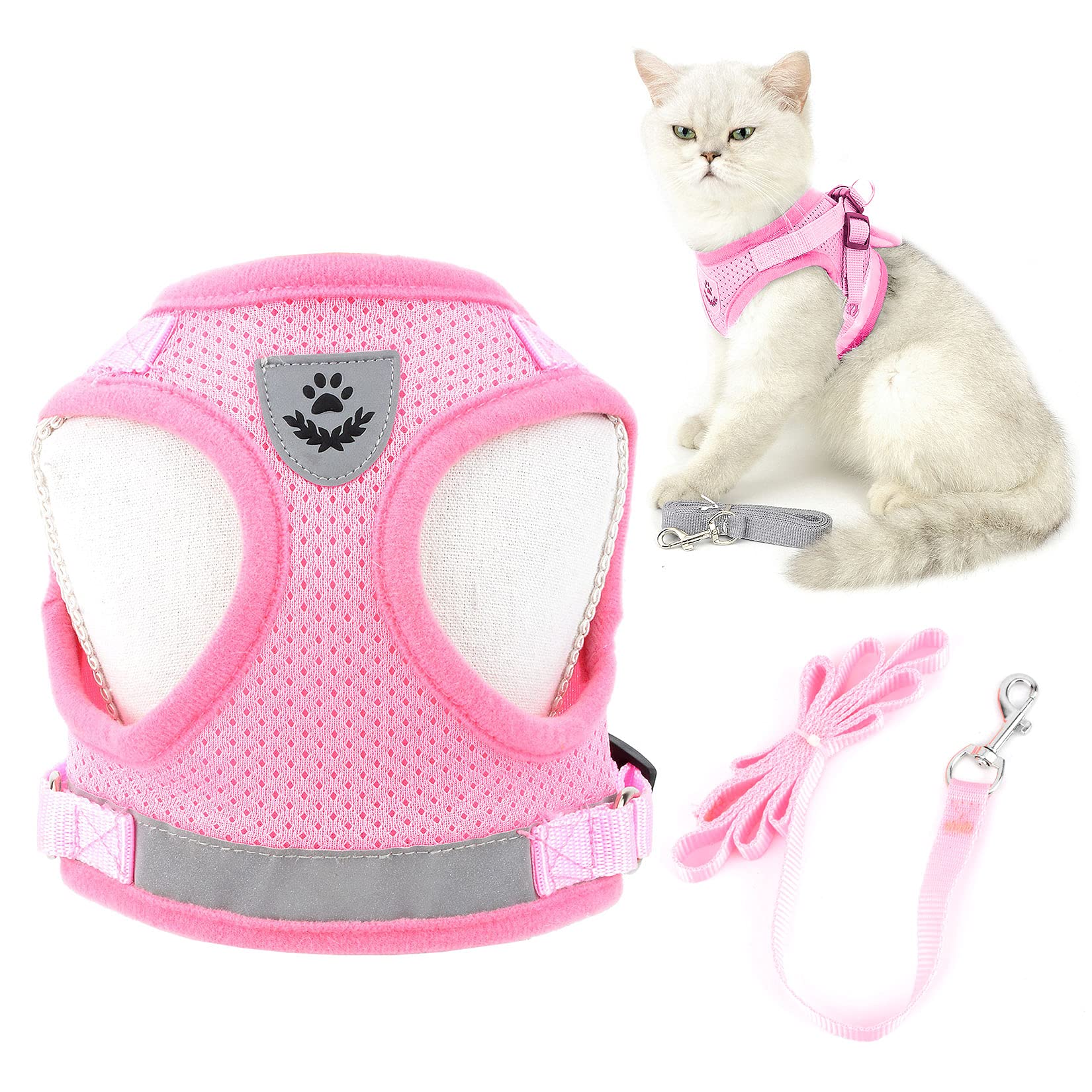 SMALLLEE LUCKY STORE Escape Proof Cat Harness and Leash Set - Adjustable Soft Mesh Vest with Reflective Strips for Small Dogs & Kittens (Pink, Size M) | Perfect for Safe Outdoor Walks, Park Visits & Training Sessions