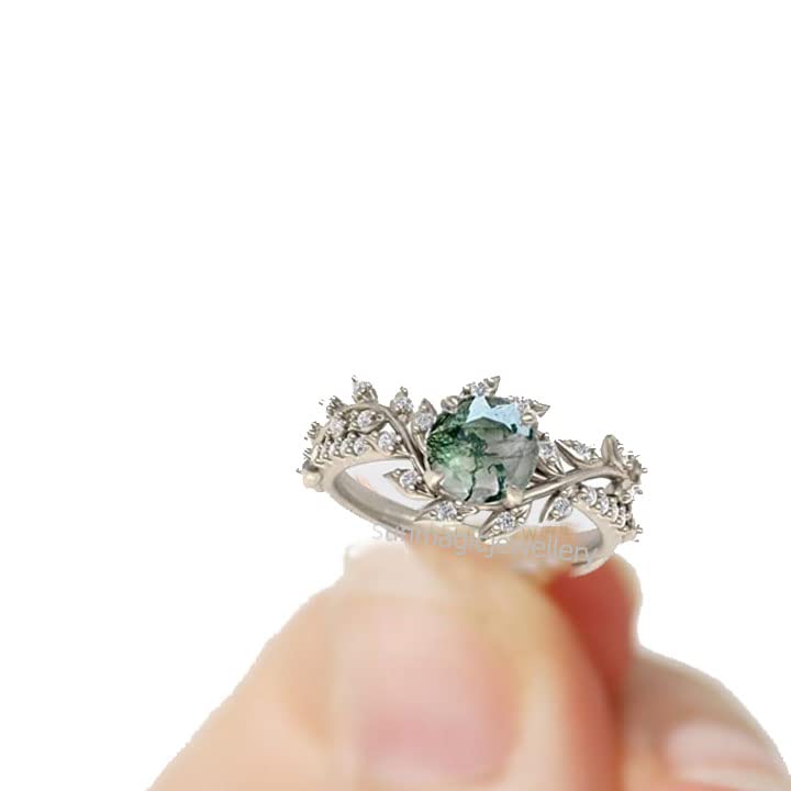 925 Sterling Silver Moss Agate Leaf Engagement Ring for Women - Nature-Inspired Bridal Ring, Wedding Band, Promise Ring - Perfect for Outdoor & Boho Wedding Themes