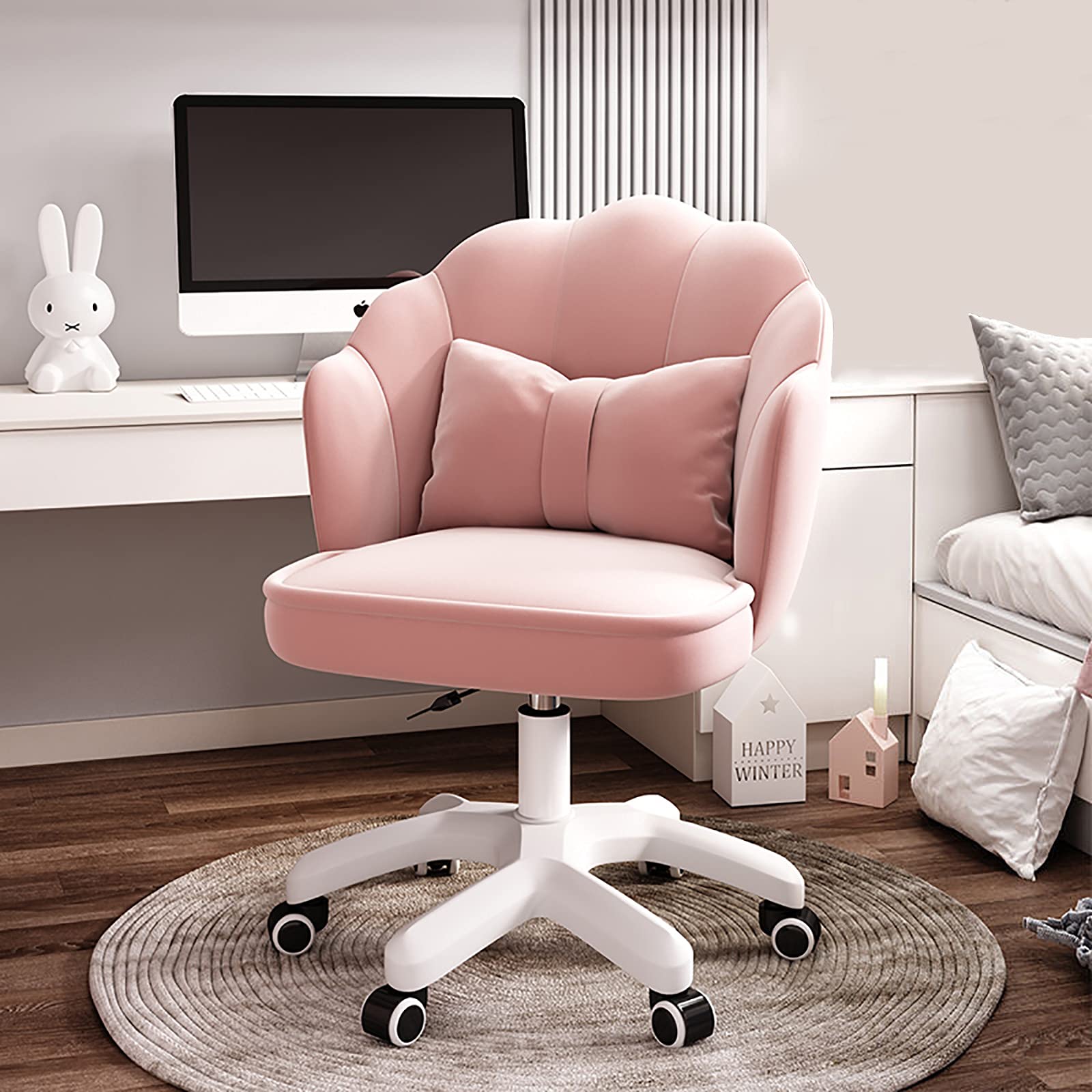 Ergonomic Adjustable Height Velvet Swivel Chair - Modern Home Office Desk Chair with Wheels, Comfortable Vanity Seat for Bedroom Dresser (Pink, 24x25x28-32 Inches) - Perfect for Small Spaces, Dorm Rooms & Makeup Stations