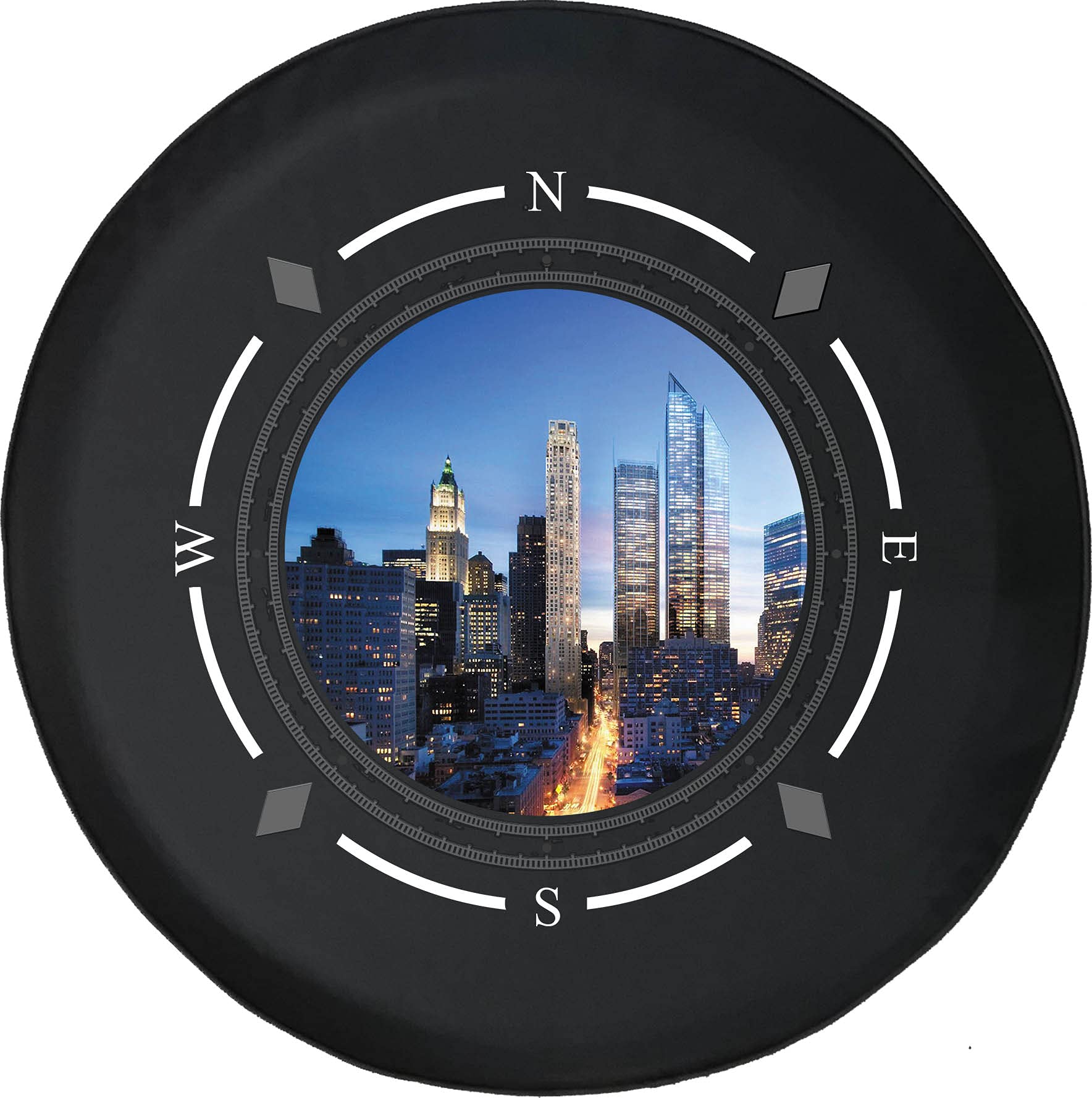 American Unlimited Spare Tire Cover with Compass Design - Busy City Skyscrapers Skyline Street Life Wheel Cover for SUV, Trailer, RV Accessories - Durable & Weatherproof - Perfect for Road Trips, Camping & Outdoor Adventures