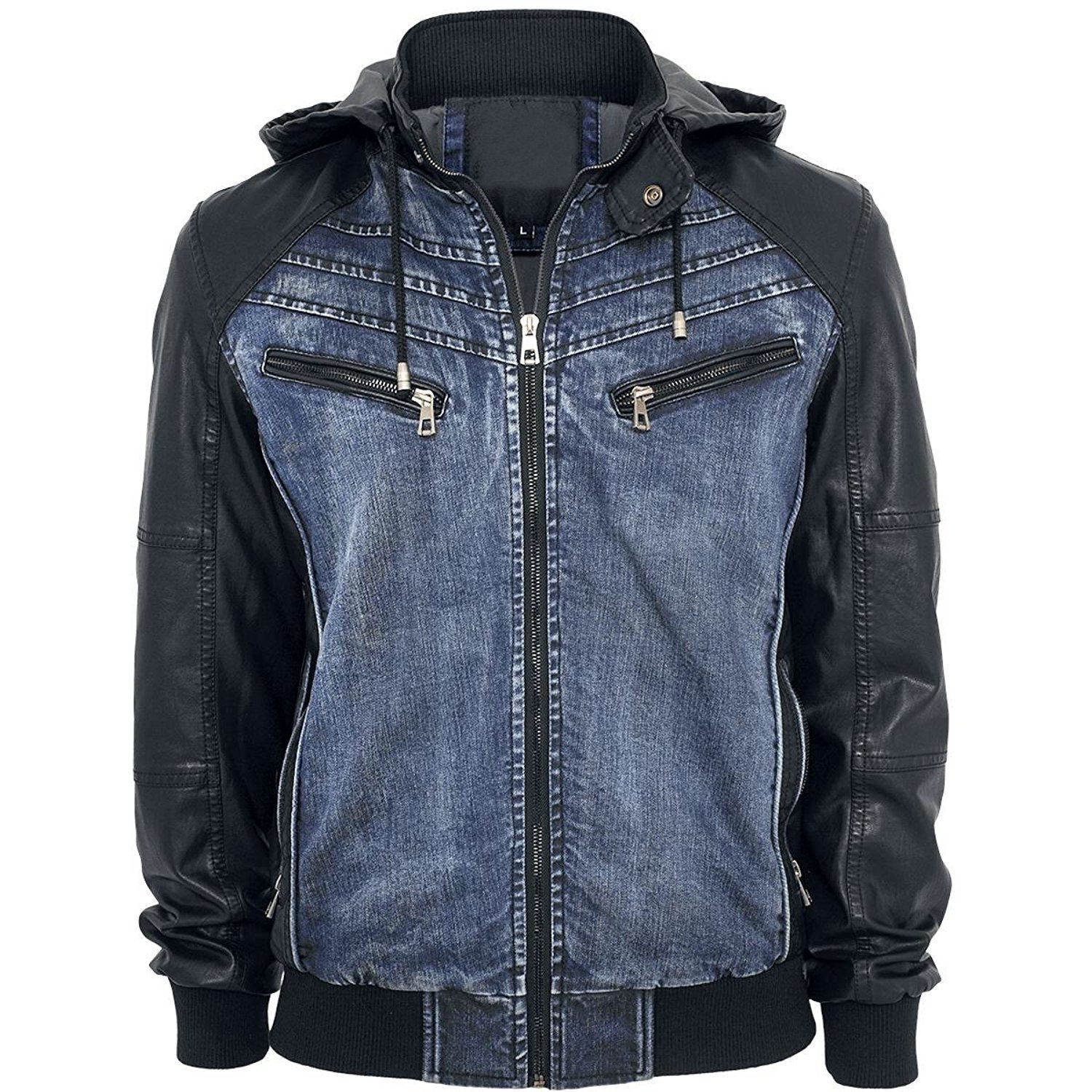 Men's Vintage Faded Denim Leather Jacket with Detachable Wool Hoodie - Stylish Winter Outerwear for Casual & Streetwear Fashion
