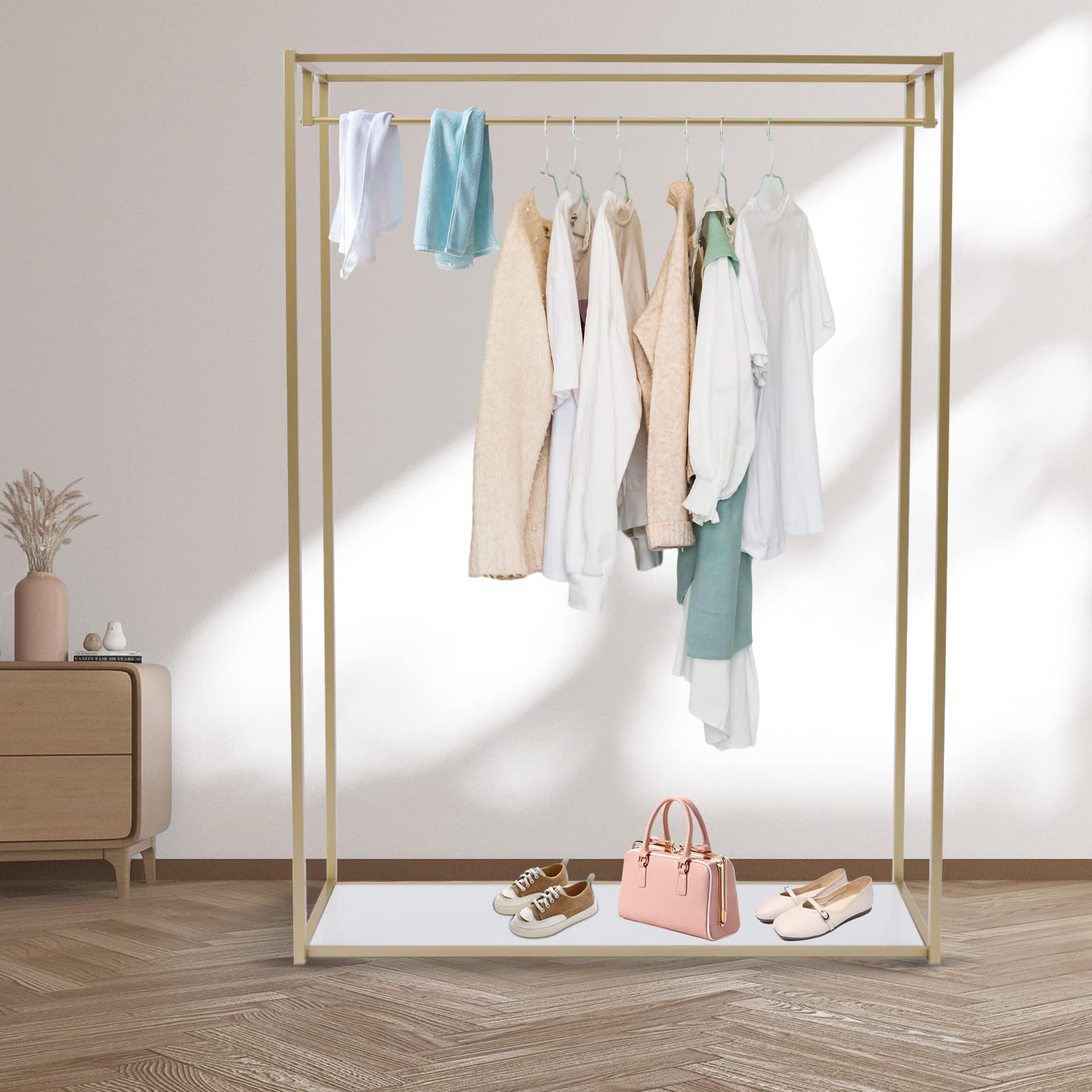 Heavy Duty Gold Metal Clothing Rack with Shelves - Freestanding Garment Display Hanger for Home, Boutique & Retail Store | Modern Wardrobe Organizer for Bedroom, Laundry Room & Clothing Boutique Display