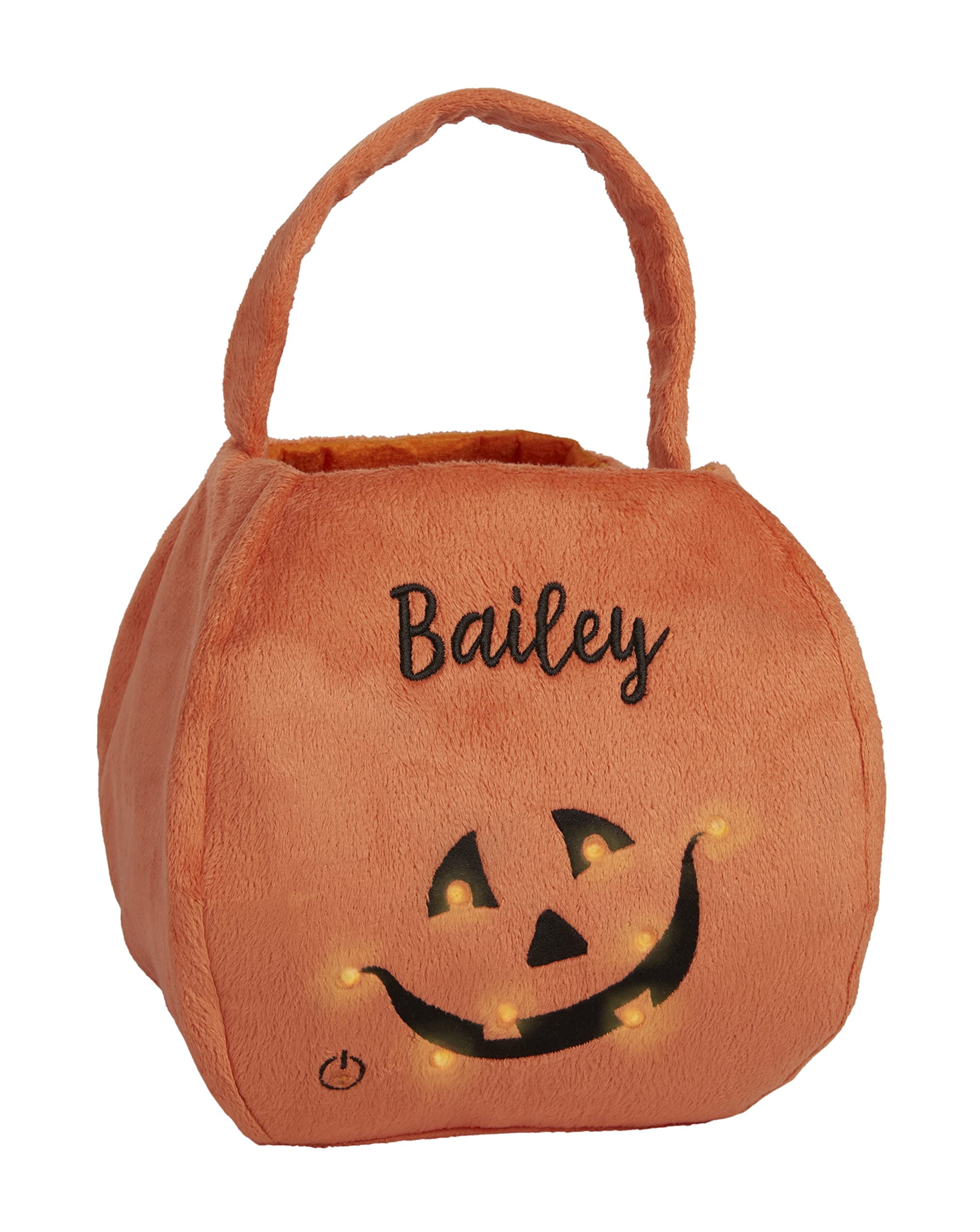 LED Light-Up Pumpkin Embroidered Plush Halloween Treat Bag - Personalized Candy & Toy Pouch with Batteries Included | Perfect for Trick-or-Treating, Halloween Parties & Festive Decor