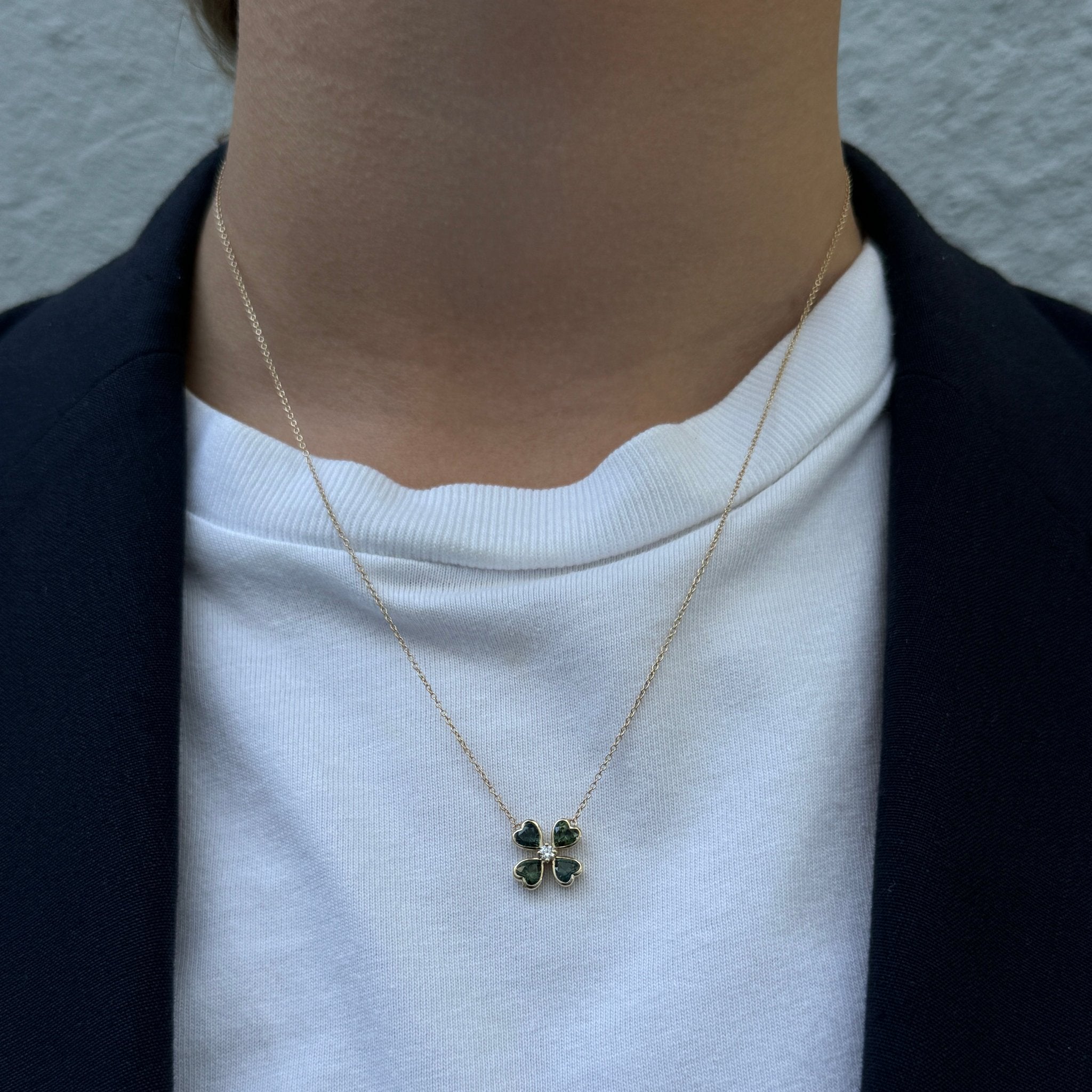 14K Gold Green Sapphire & Diamond Four Leaf Clover Pendant Necklace - Elegant Jewelry Gift for Women, Perfect for St. Patrick's Day, Birthdays & Special Occasions