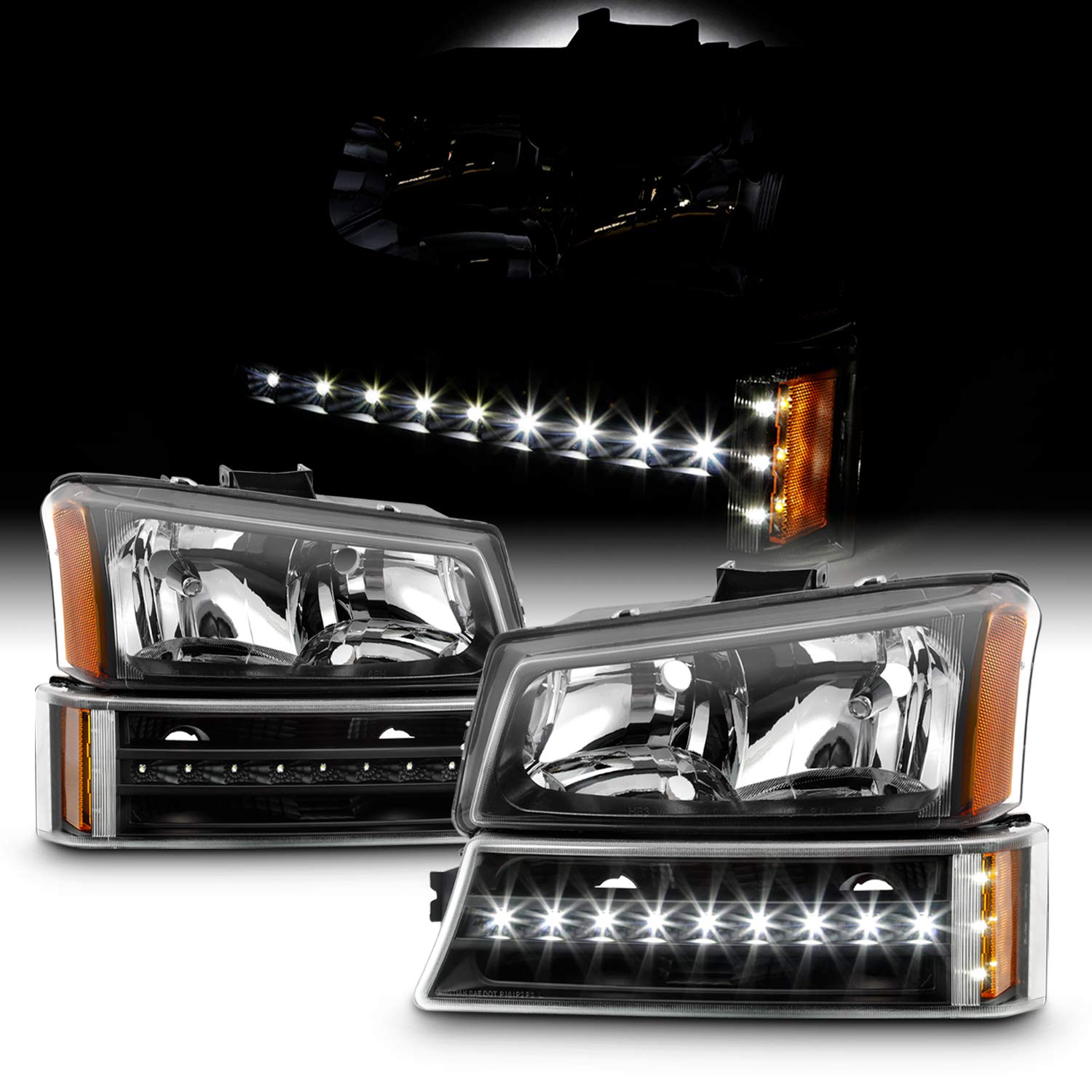 AKKON Black LED Headlights & Bumper Lights Pair for 2003-2006 Chevy Avalanche 1500/2500 & Silverado 1500HD/2500HD/3500 (2007 Classic) - Upgrade Your Truck's Style & Night Visibility for Off-Roading & Daily Driving