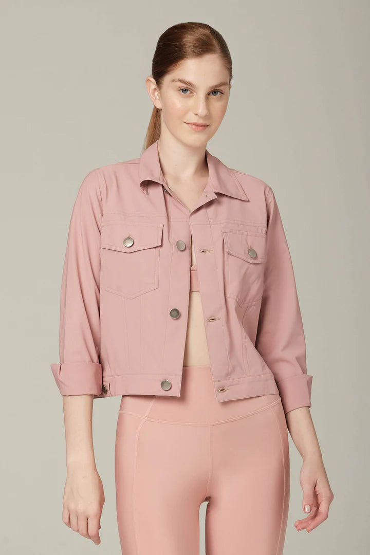 925 Sterling Silver Fit Women's Skinny Jeans in a Bottle Button Down Denim Jacket - Petal Pink for Casual Outings & Date Nights