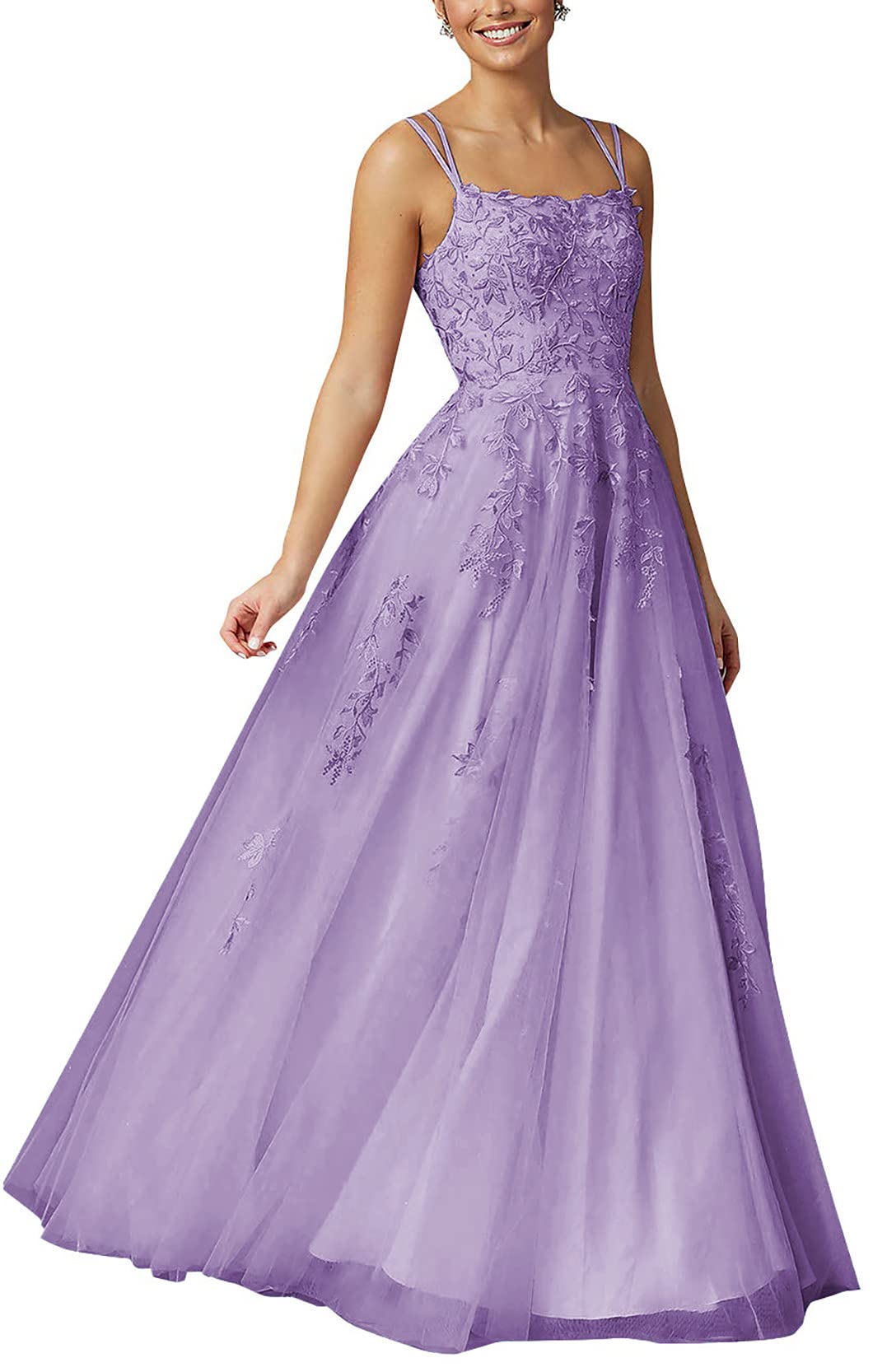 BECINME Women's Spaghetti Straps Lace Appliques Tulle Prom Dress Long A-Line Evening Gown for Wedding Guest, Party, Prom Night & Special Occasions