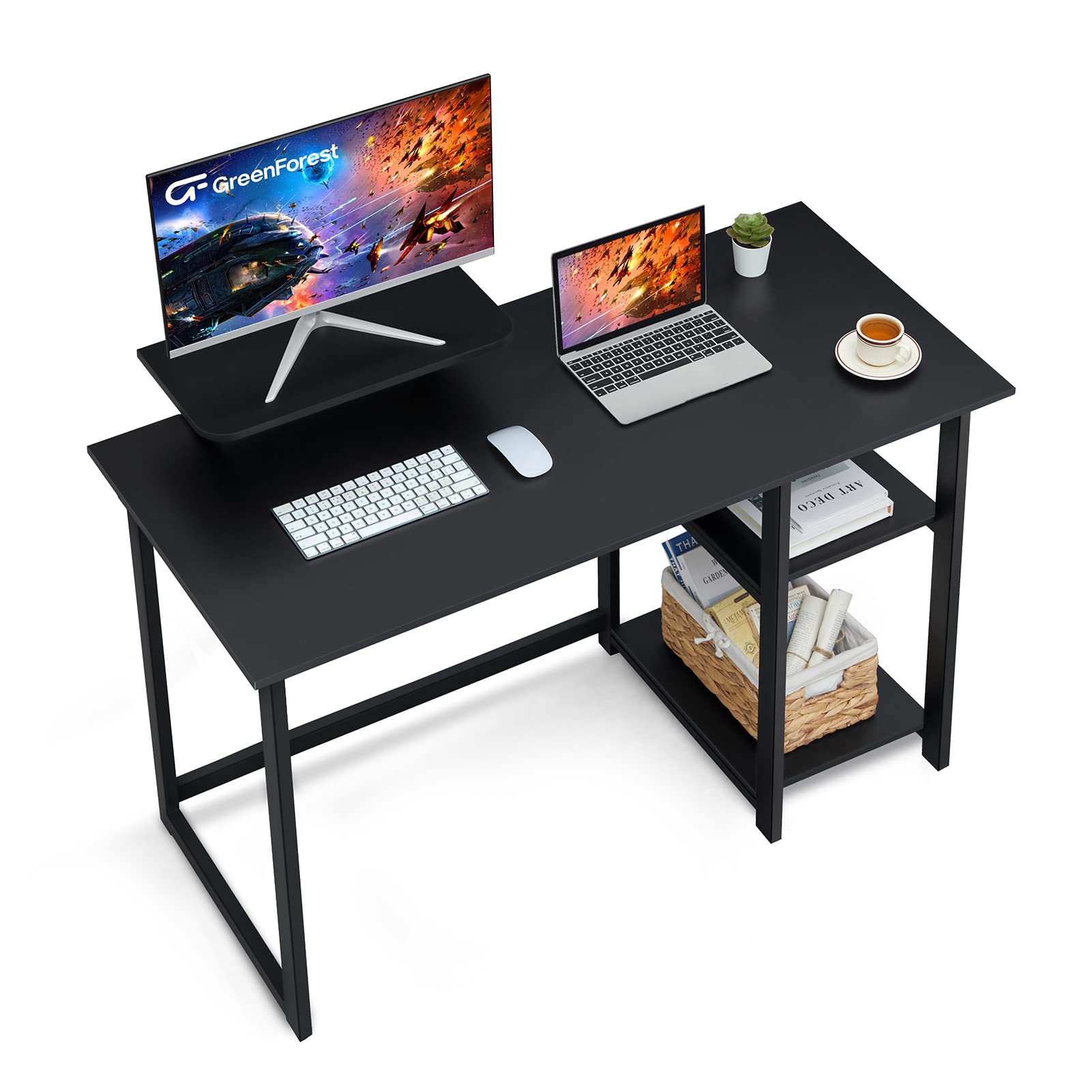 GreenForest 39 Inch Small Computer Desk with Monitor Stand & Reversible Storage Shelves - Compact Home Office Desk for Small Spaces, Study Writing Desk, Black - Perfect for Apartments, Dorms & Workspaces