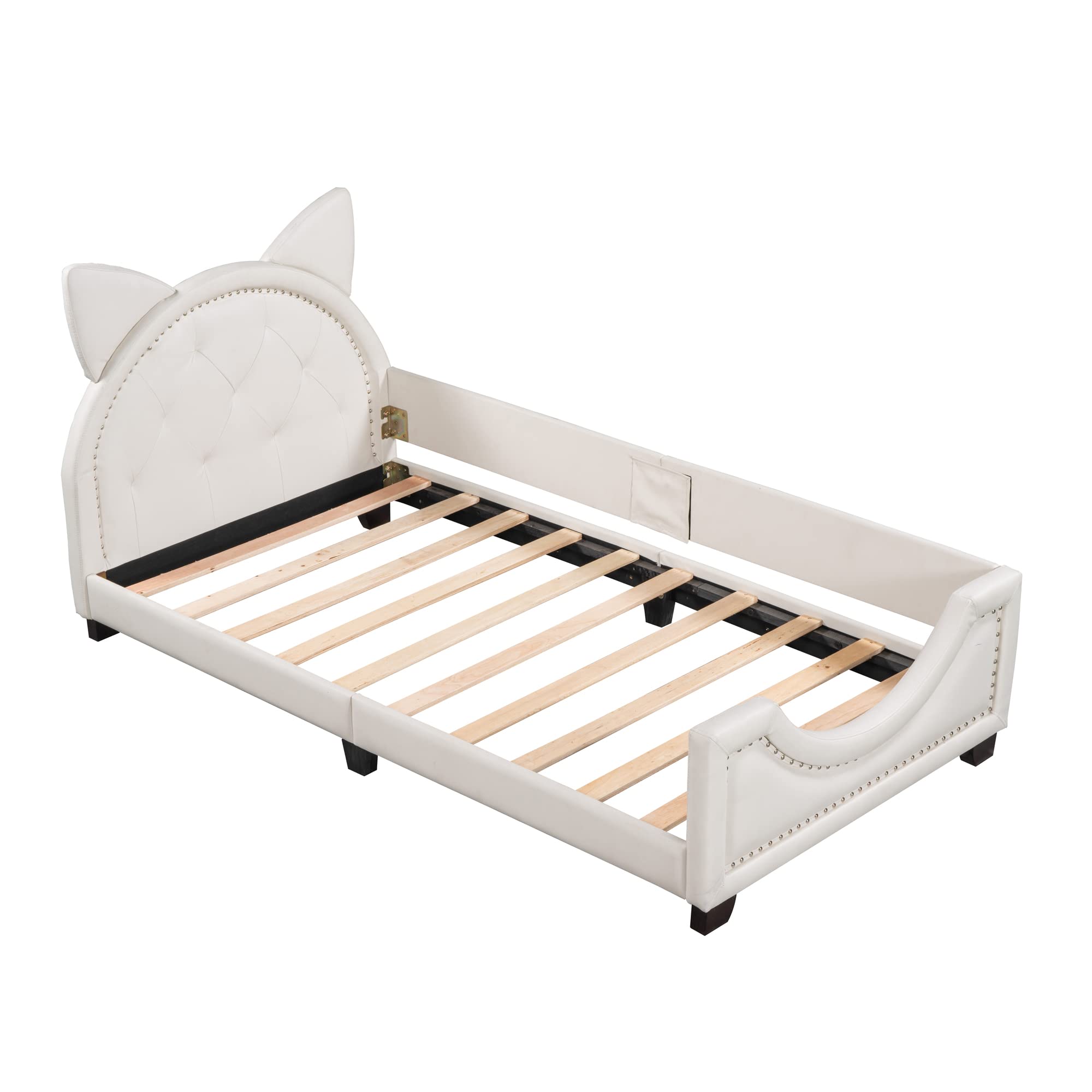 Twin Size Upholstered Leather Bed with Cartoon Ears Shaped Headboard - White Daybed for Kids Room, Girls & Boys Bedroom Furniture - Perfect for Sleepovers, Playrooms & Small Spaces