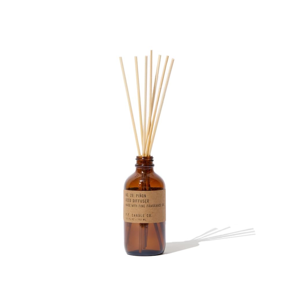 P.F. Candle Co. Piñon Classic Scented Rattan Reed Diffuser - 3.5 fl oz Amber Glass Jar with Fine Fragrance Oil | Long-Lasting Aroma for Home, Office & Bathroom | Low Maintenance Air Freshener for Relaxation & Stress Relief