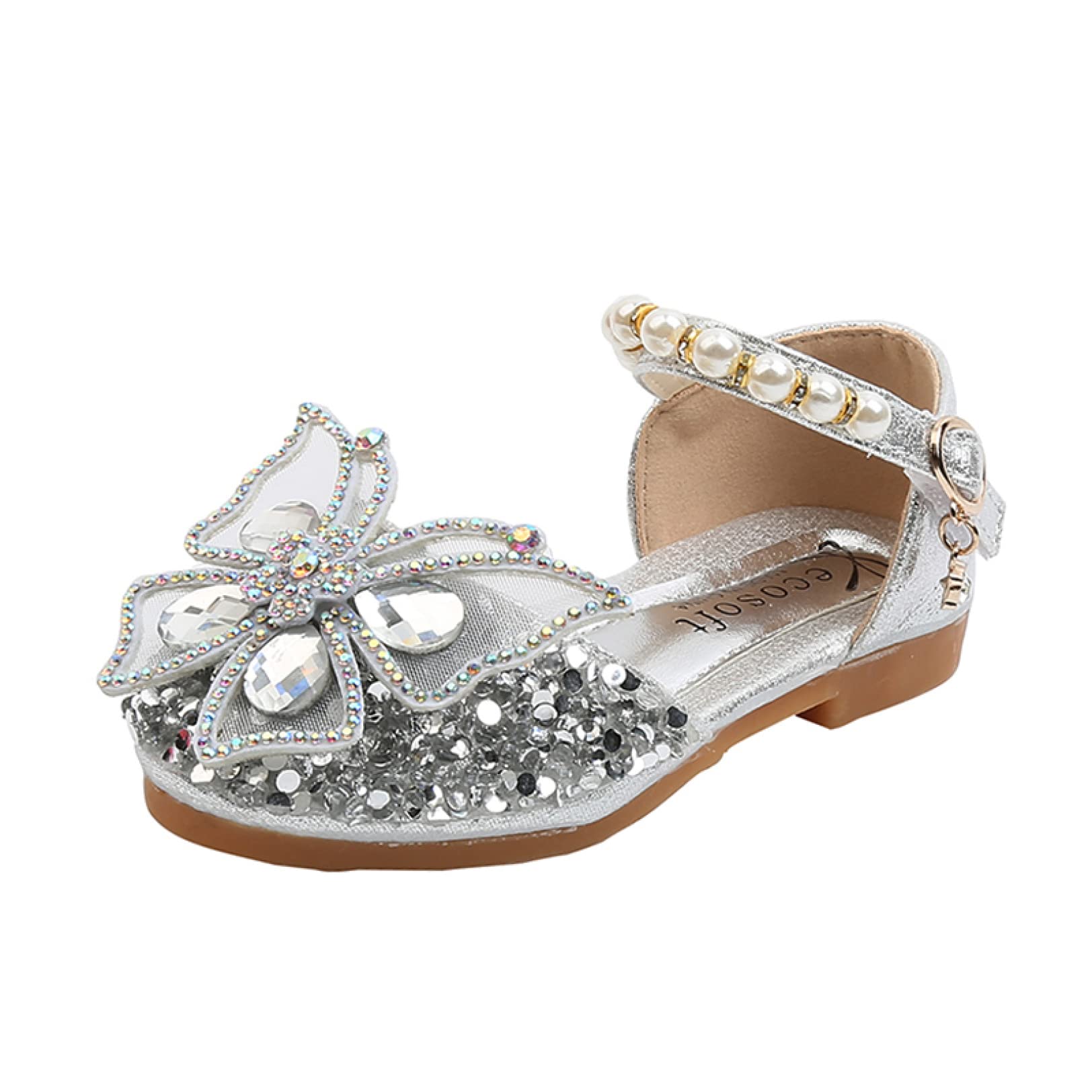 Sparkly Girls' Sandals with Sequins, Rhinestones & Pearls - Butterfly Decor Hook & Loop Dress Shoes for Toddlers - Perfect for Parties, Weddings & Special Occasions