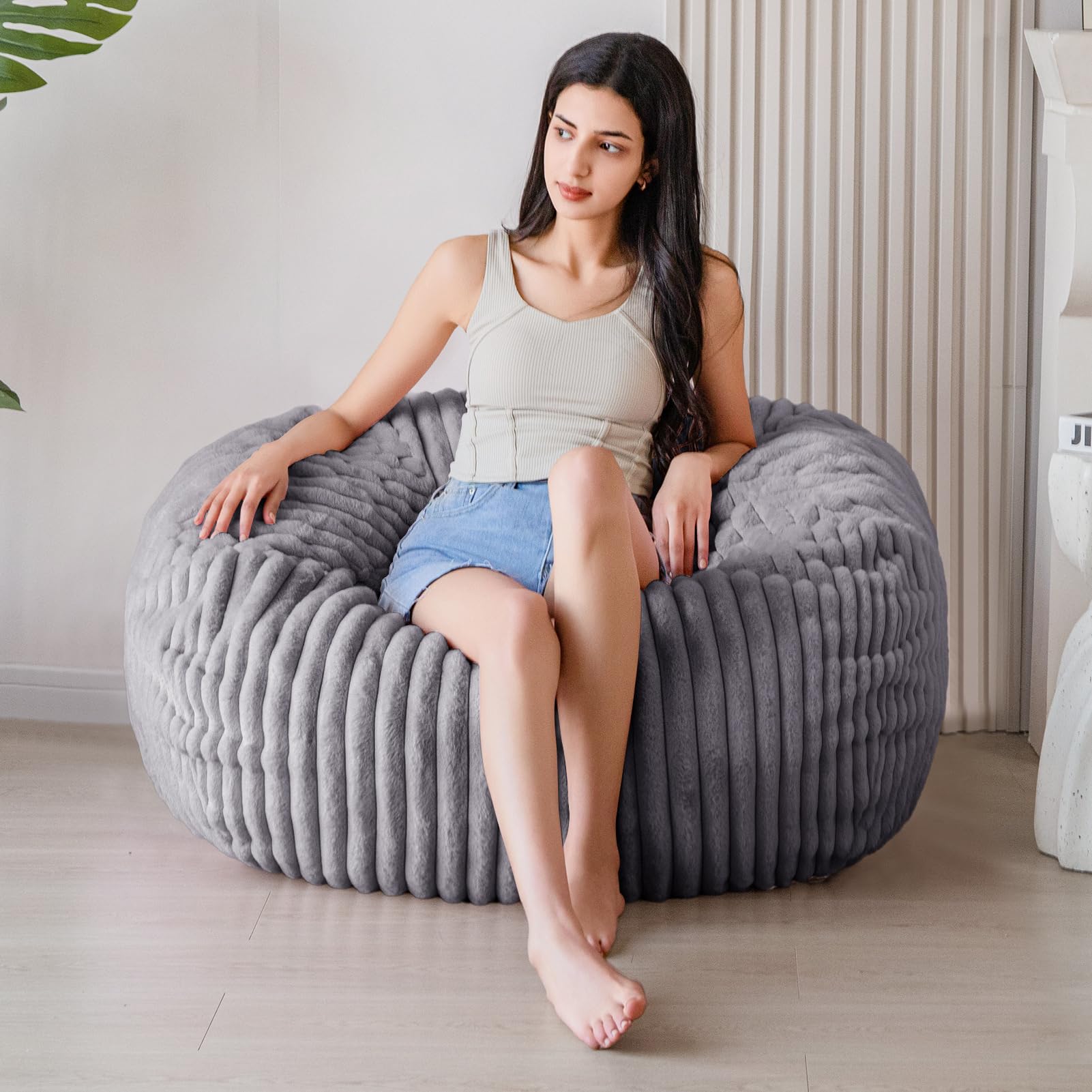 MAXYOYO 3ft Faux Fur Bean Bag Chair for Adults - Soft Striped Lazy Sofa for Living Room, Bedroom, Dorm - Dark Grey - Perfect for Relaxing, Gaming & Reading