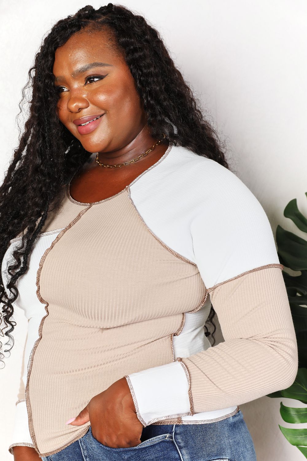 Khaki Color Block Exposed Seam Women's Tops - Trendy Casual Shirt for Streetwear & Everyday Outfits