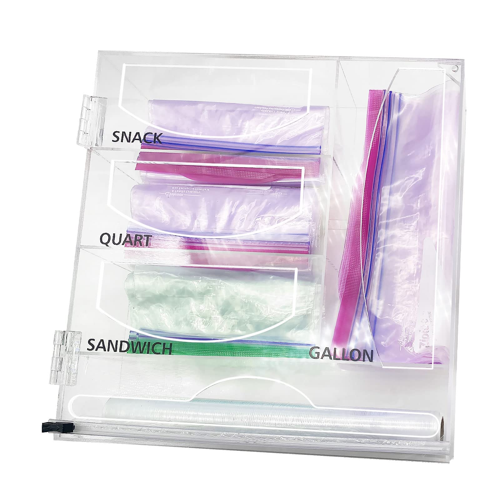 Acrylic Ziplock Bag Storage Organizer with Foil Dispenser - Drawer Organizer for Gallon, Quart, Snack & Sandwich Bags | Perfect for Kitchen, Pantry & Food Storage Organization