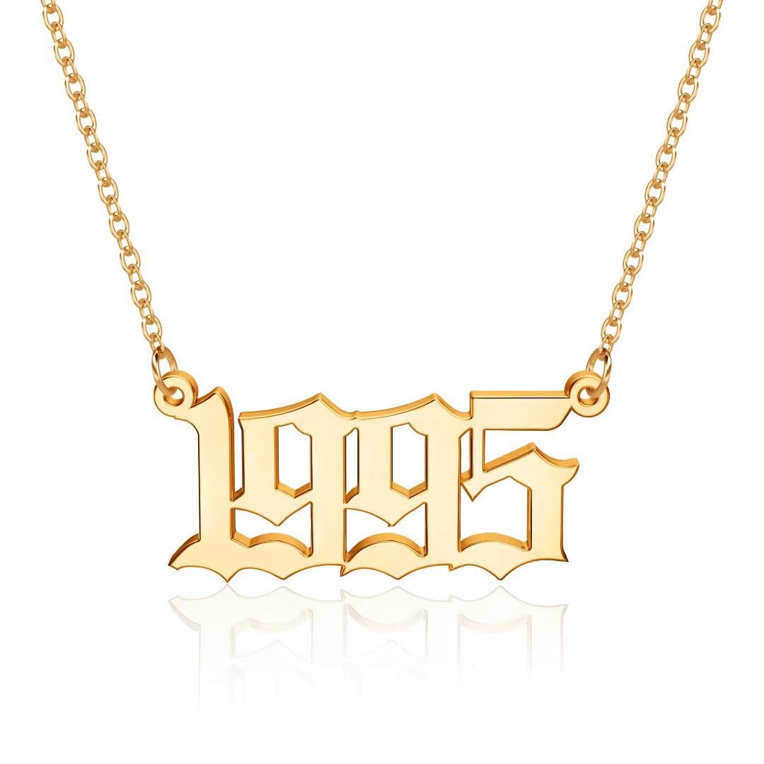 18K Gold Plated Old English Birth Year Necklace for Women - Personalized Jewelry Gift for Birthday, Anniversary (1970-2021) | Elegant Layering Necklace for Everyday Wear & Special Occasions